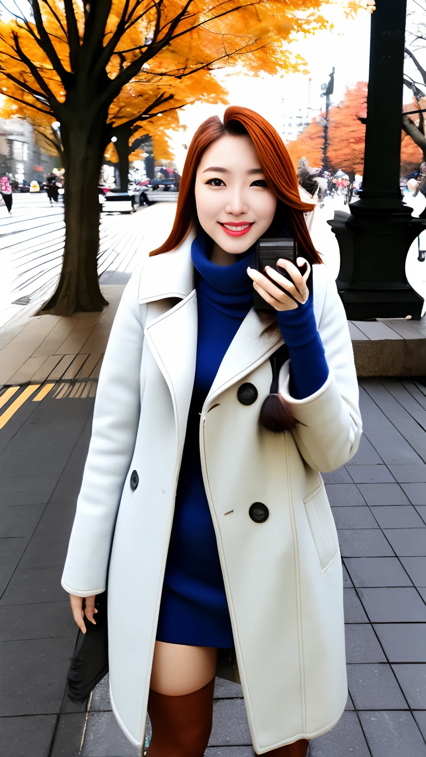 Raw photo, Photorealsitic, Full body like, is standing, Beautuful Women, An 18-year-old woman, A smile, hight resolution, super precision, Best Quality, muffler, TOKYOcty, chee, Omotesando, Leaves, Street corner in autumn, blue open sky, 1girl in, knee sox, show window, Pull the camera, street shot, coat