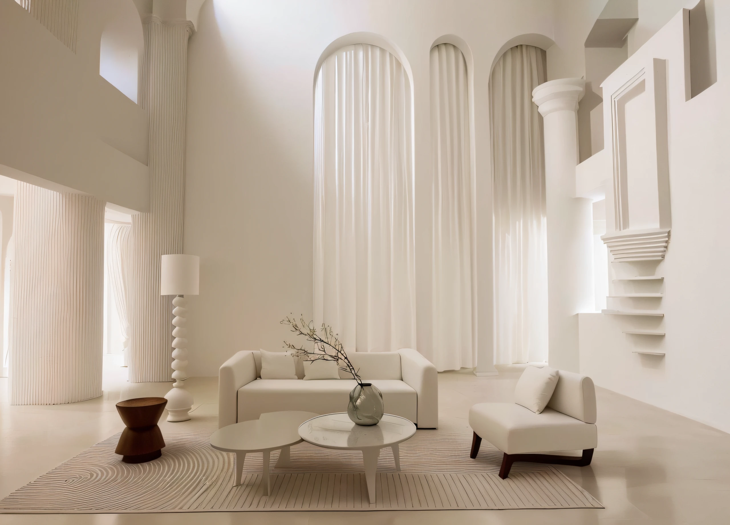 Allafed Room，Features a white sofa、Two chairs and a table, white sweeping arches, inspired by Ricardo Bofill, cream and white color scheme, all white render, White Room, White color scheme, cream - colored room, light cream and white colors, muted palette mostly white, Architectural Digest, A bright room, white furniture, minimalistic and beautiful, White tones