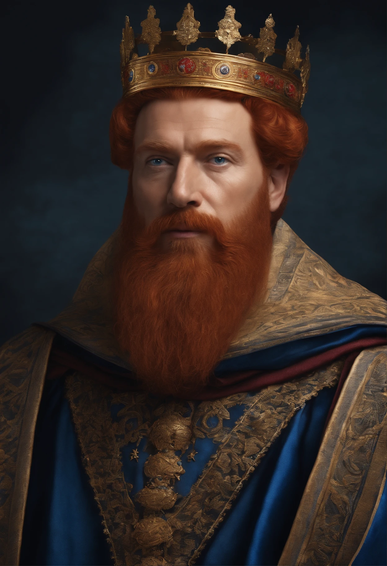 Arafed man with a blue crown and robe, red-haired and graying medieval king, red-haired beard, thinning beard, age 50 years, short hair, portrait of emperor of humanity, highly detailed character, painted in high resolution.