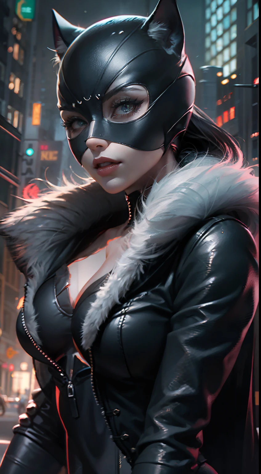 Background Gotham City，Batman Catwoman in a black suit stands in the middle of the city, Extremely detailed Artgerm, Cat woman, Catwoman, Style Artgerm, wojtek fus, cgsociety - w 1 0 2 4 - n 8 - i, IG model | Art germ,（realisticlying：1.2），（hentail realism），（tmasterpiece：1.2），（best qualtiy），（Hyper-detailing），（8K，4K，复杂），（full body shot shot：1），（85mm），Particle light，illuminating，（high detal：1.2），（Detailed face：1.2），largeeyes，beautiful goddess woman，putting makeup on，s the perfect face，Perfect lighting，1girll，DC Super Hero Movie，Catwoman in Batman，neko girl，brunette color hair，（Catwoman Selina Kyle），short detailed hair，（Hands stretch out sharp claws），Death glow，Serious look， cat paws，Hand with long claws outstretched，The whole body is wrapped in a fur coat，tight leather clothes，Sexy set，（Openwork onesies），high-heels，Thin waist and thick hips，long leges，huge boob，（Glowing skin），Glowing skin，The wind blows to the top，White aura of power，green pupills，Gravel background，Broken ground，Full moon in downtown Gotham，（finelydetailedskin：1.3），cinematric light，edge lit，超高分辨率，Best shadow，delicated，octanerender，unreal-engine，Stroll through the high-rise buildings of Gotham City，Fighting posture，