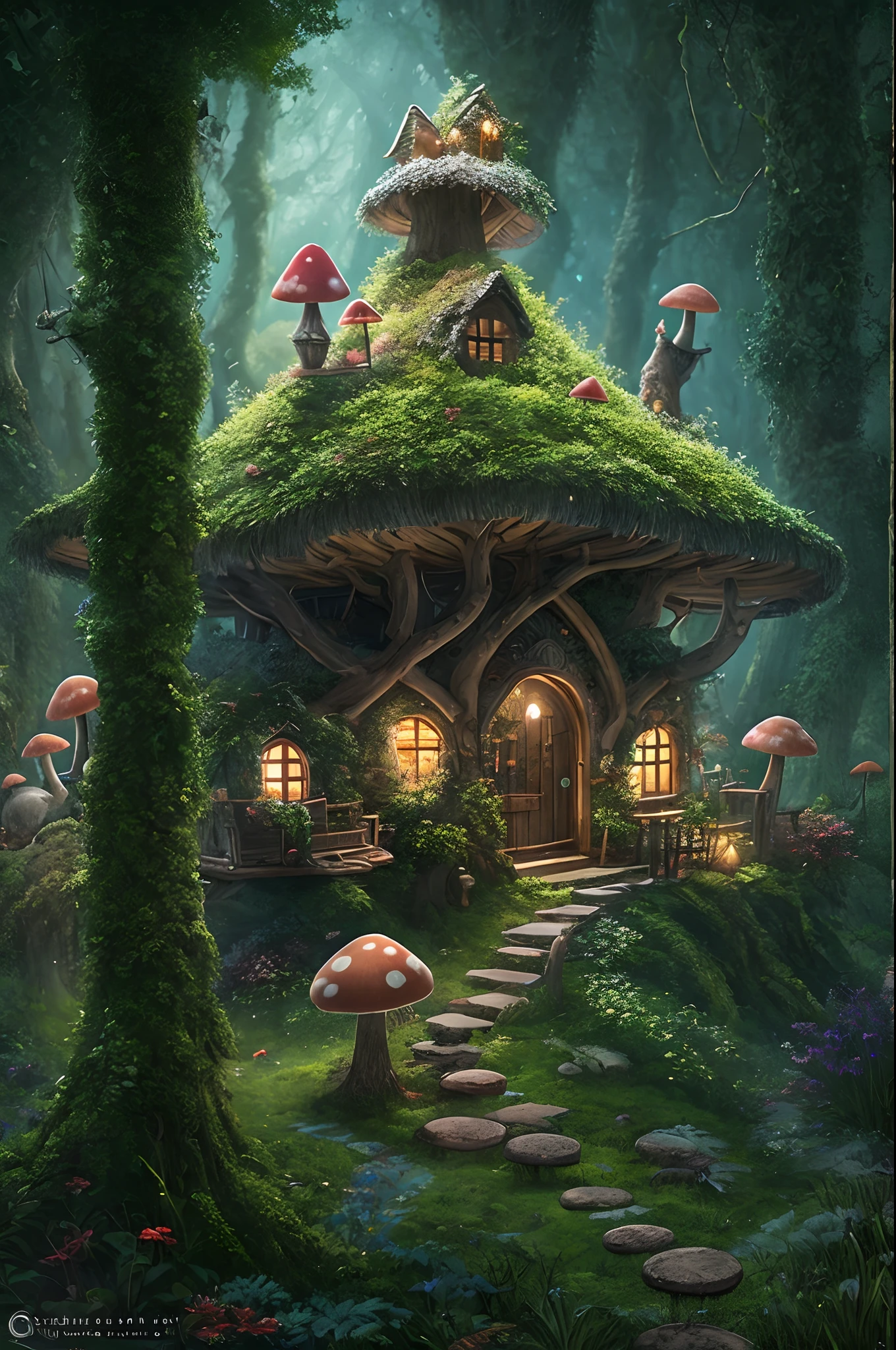 "Fantastic forest scene with towering trees, glowing mushrooms,mushroom house，An adventurous rabbit，Flying elves， creating a sense of mystique and enchantment. Complex and immersive, With a touch of realism. Exquisite details and intricate elements, Reminiscent of the latest CGsociety trends. Dramatic lighting enhances the overall atmosphere.”