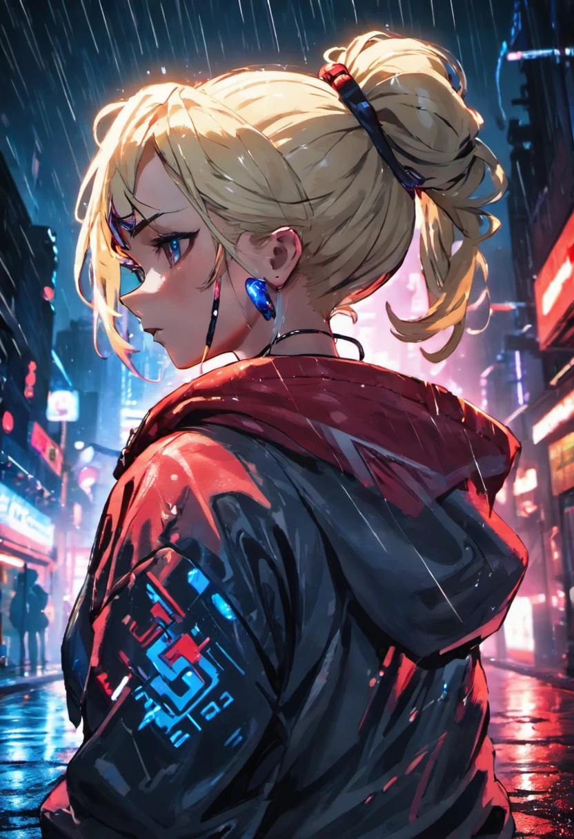 Close-up photo, confident young cyberpunk woman with blonde and white hair tied in a bun, wearing a hoodie with a red and blue design, on a rain-soaked street at night, photorealistic, cinematic lighting, dark background, nighttime, bright shining eyes