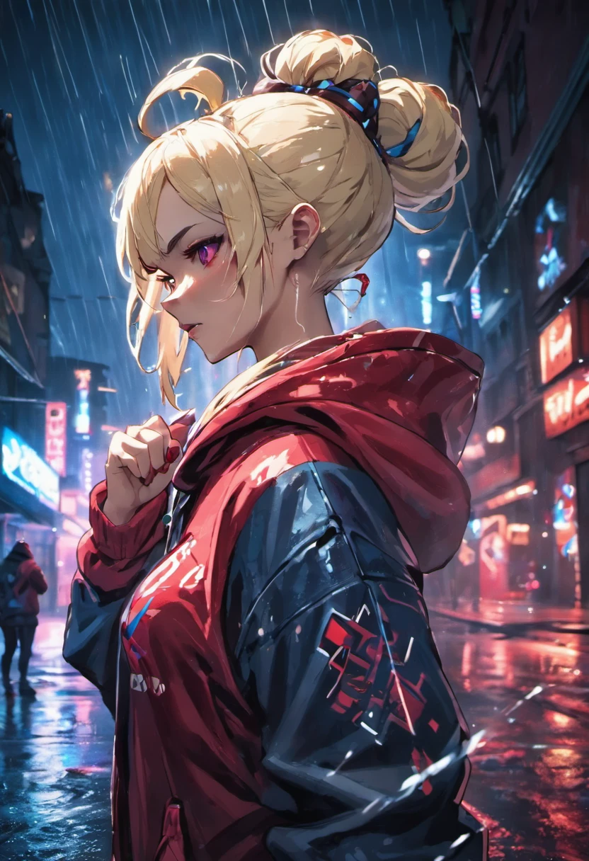 Close-up photo, confident young cyberpunk woman with blonde and white hair tied in a bun, wearing a hoodie with a red and blue design, on a rain-soaked street at night, photorealistic, cinematic lighting, dark background, nighttime, bright shining eyes