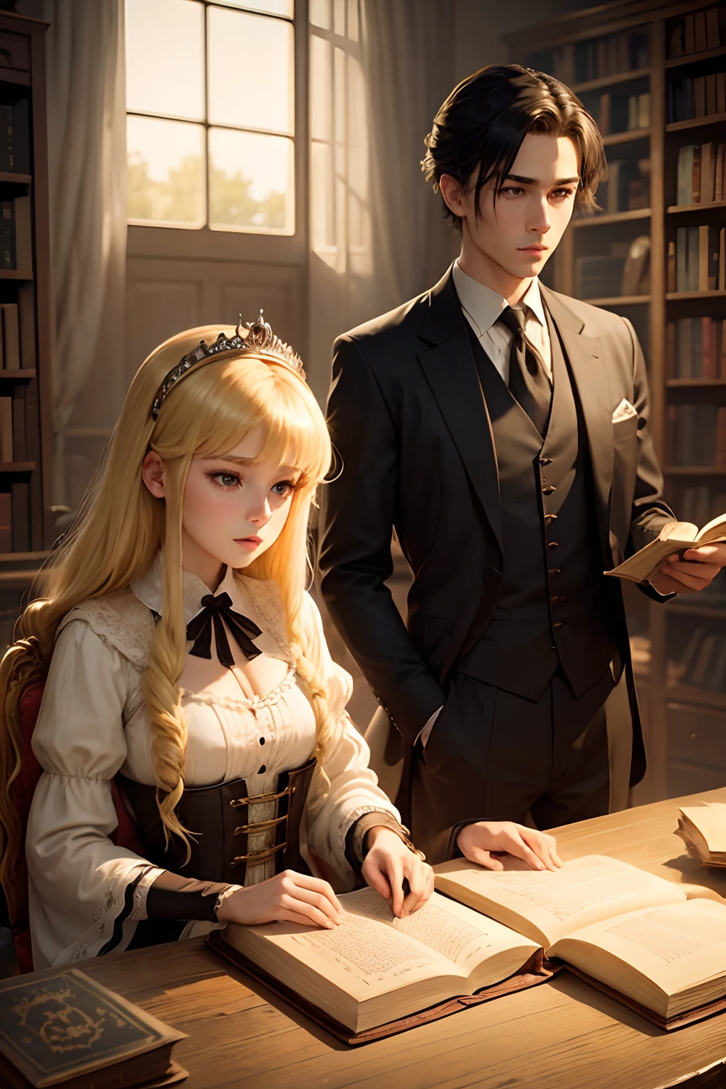 The blonde princess and the black-haired butler in the room full of old books, found a magical antique book