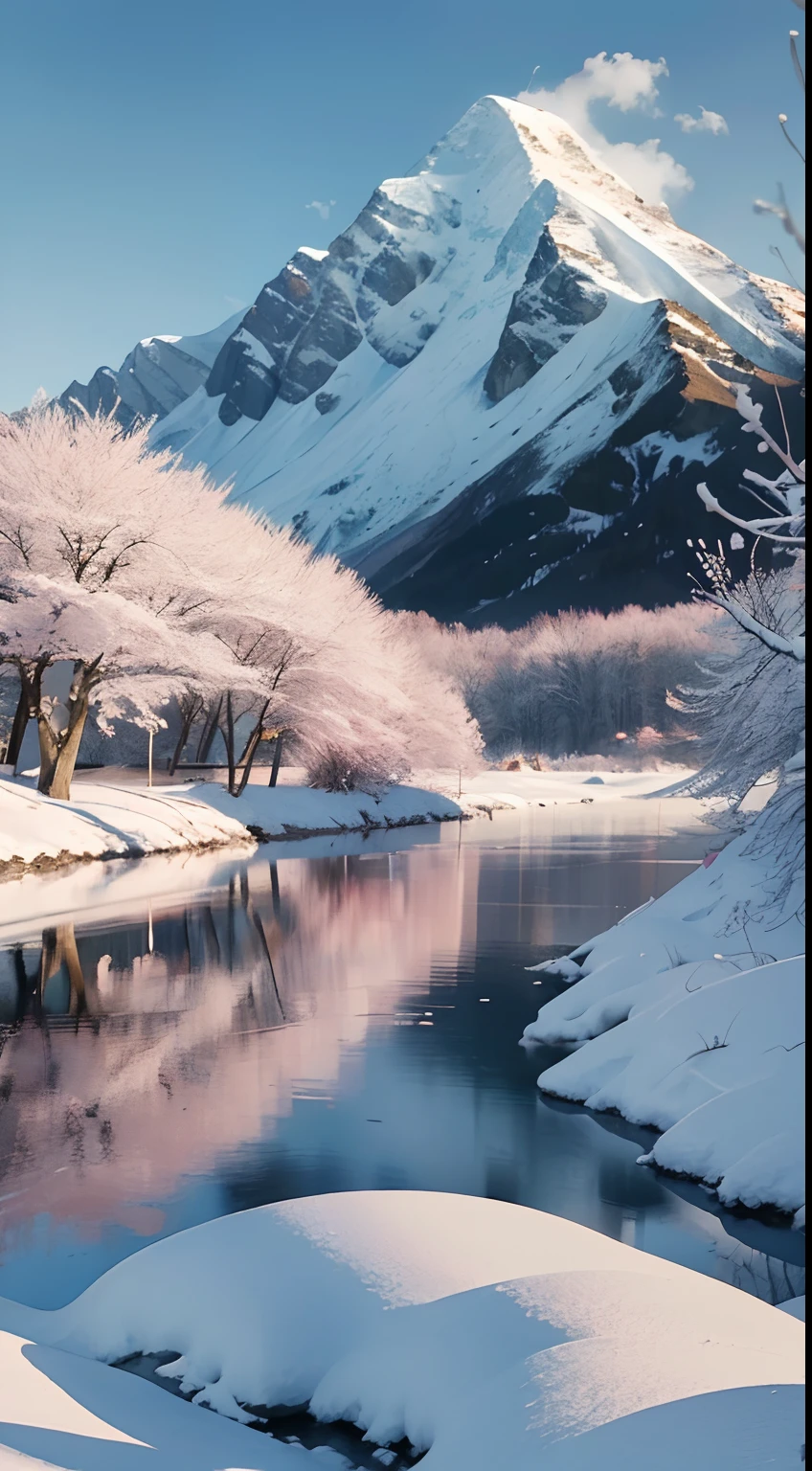 snowfield,Sloping river,house,Heavy snowfall,Pink cherry blossom tree,mountain in the distance