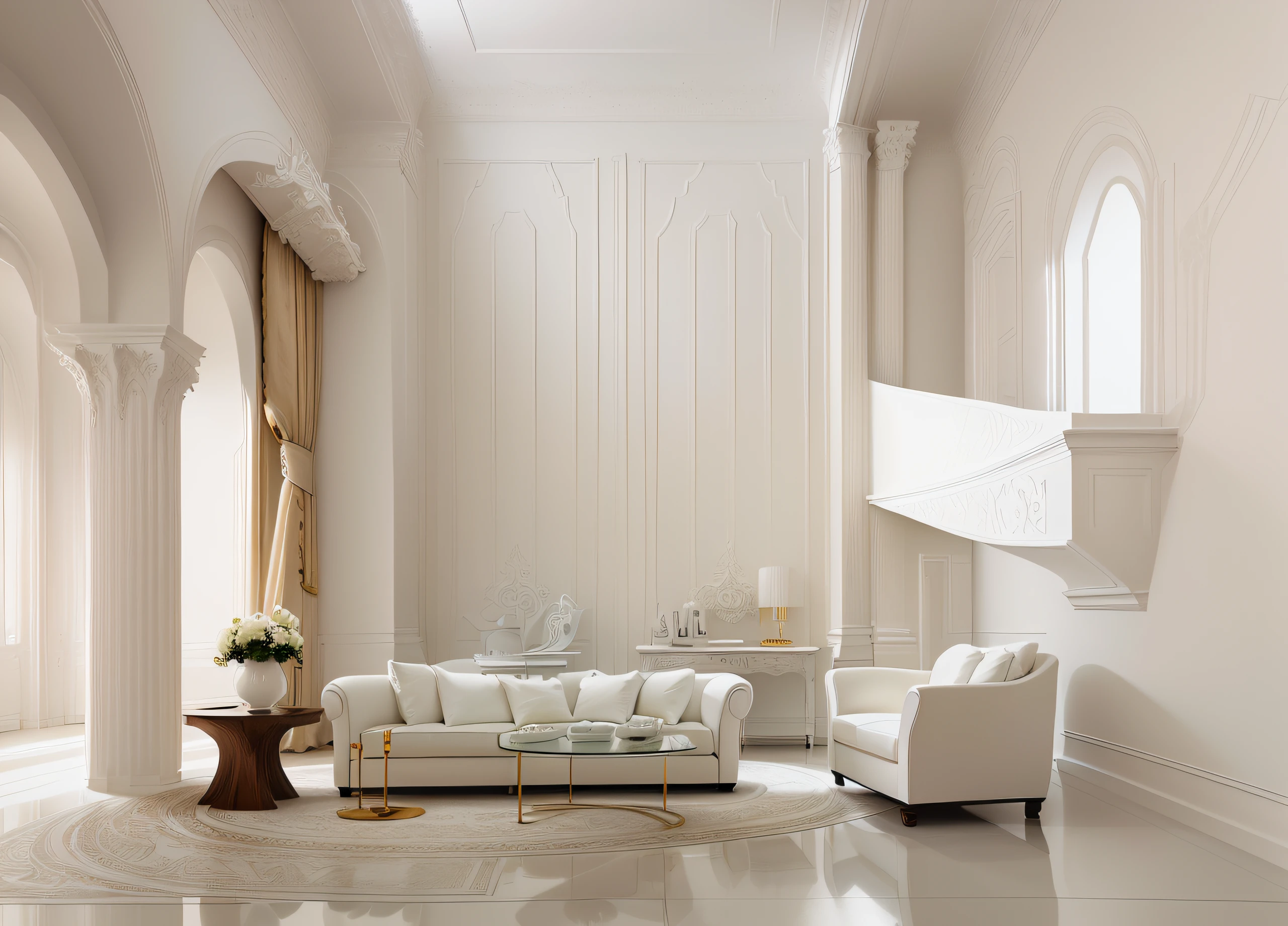 Allafed Room，Features a white sofa、Two chairs and a table, white sweeping arches, inspired by Ricardo Bofill, cream and white color scheme, all white render, White Room, White color scheme, cream - colored room, light cream and white colors, muted palette mostly white, Architectural Digest, A bright room, white furniture, minimalistic and beautiful, White tones