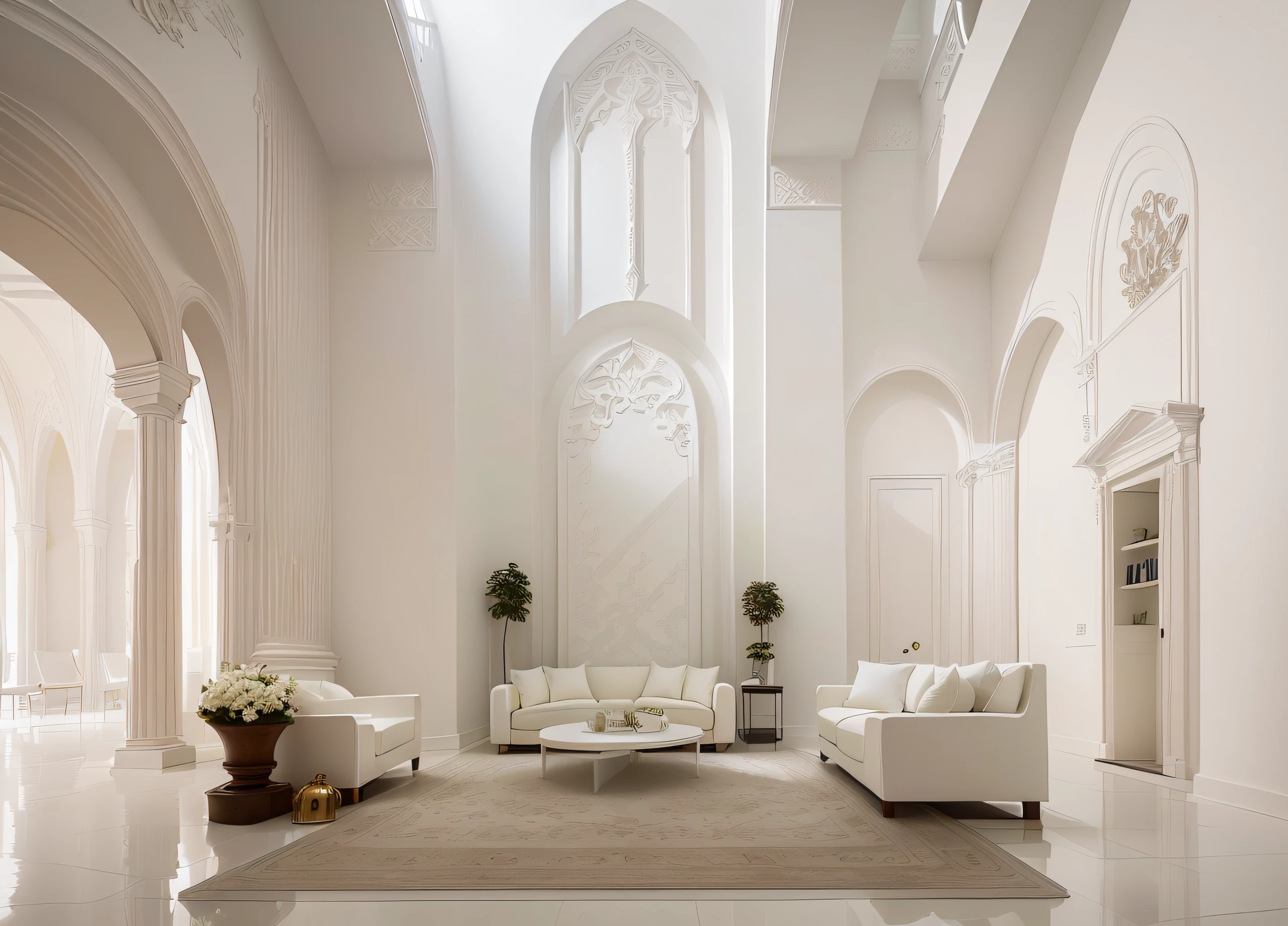 Allafed Room,Features a white sofa、Two chairs and a table, white sweeping arches, inspired by Ricardo Bofill, cream and white color scheme, all white render, White Room, White color scheme, cream - colored room, light cream and white colors, muted palette mostly white, Architectural Digest, A bright room, white furniture, minimalistic and beautiful, White tones