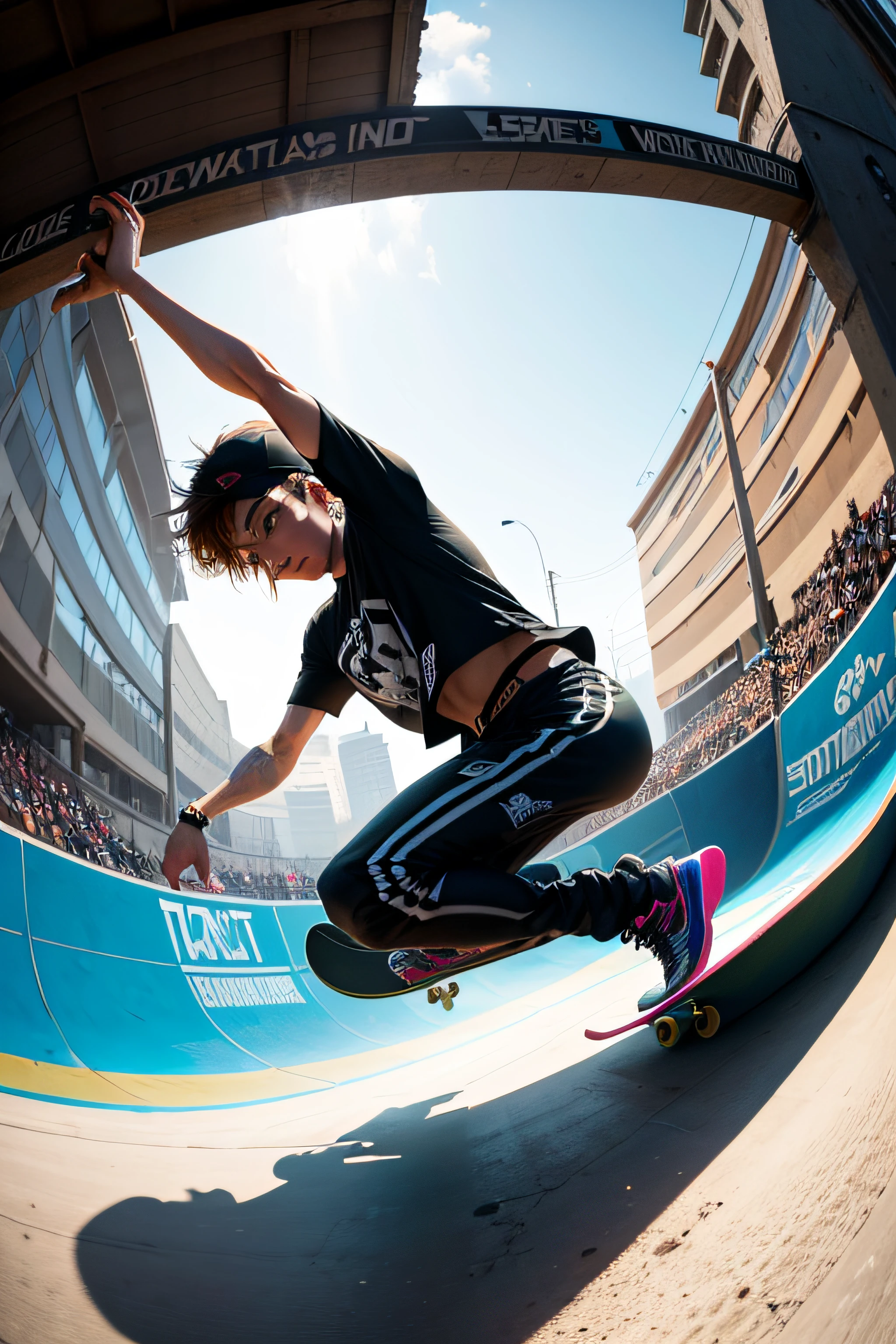 color photo of a seamless transition from the
game's loading screen to a skater dropping into the skatepark,
initiating the action. As the loading screen fades away, the photo
seamlessly transitions to a heart-pounding moment of adrenaline.
The skater, with their board tucked under their arm, stands at the
edge of a vert ramp, ready to drop in. The anticipation is palpable,
as the skater prepares to launch themselves into the thrilling world
of virtual skateboarding. The camera captures the intensity of the
moment, freezing the skater mid-air as they begin their descent.
The lighting highlights the skater's silhouette against the vibrant
backdrop of the skatepark, creating a visually striking contrast. The
transition between the loading screen and the action is seamless,
immersing players in the game's world instantaneously. It's a
snapshot that captures the energy and excitement of the game,
signaling the start of an exhilarating virtual skateboarding
adventure.
