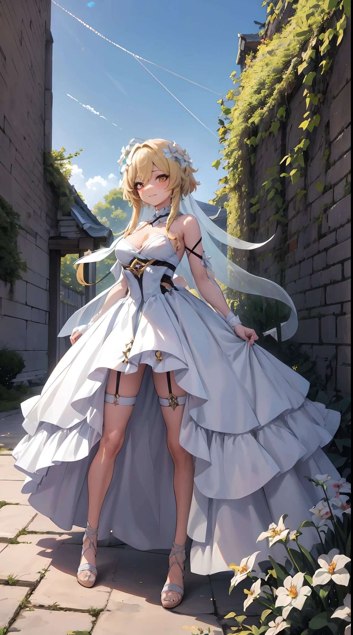 Lumine | genshin impact, master-piece, bestquality, 1girls,25 years old, proportional body, proportional., long-haired, Wedding Dresses, White Wedding Dress, Long skirt, mediuml breasts, ,bara, choker, Standing in the middle of a flower garden, outdoor, The sky is beautiful, arm behind back, against wall, View viewers from the front., Thigh strap, Head tilt, bored, 10, 10, HD, slight smile,