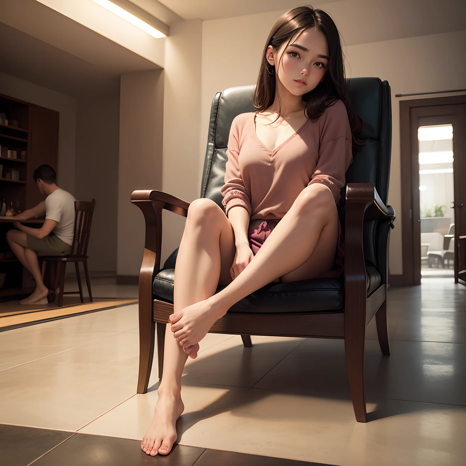 Man sits on ground. Girl sits in chair and positions her feet on the mans head