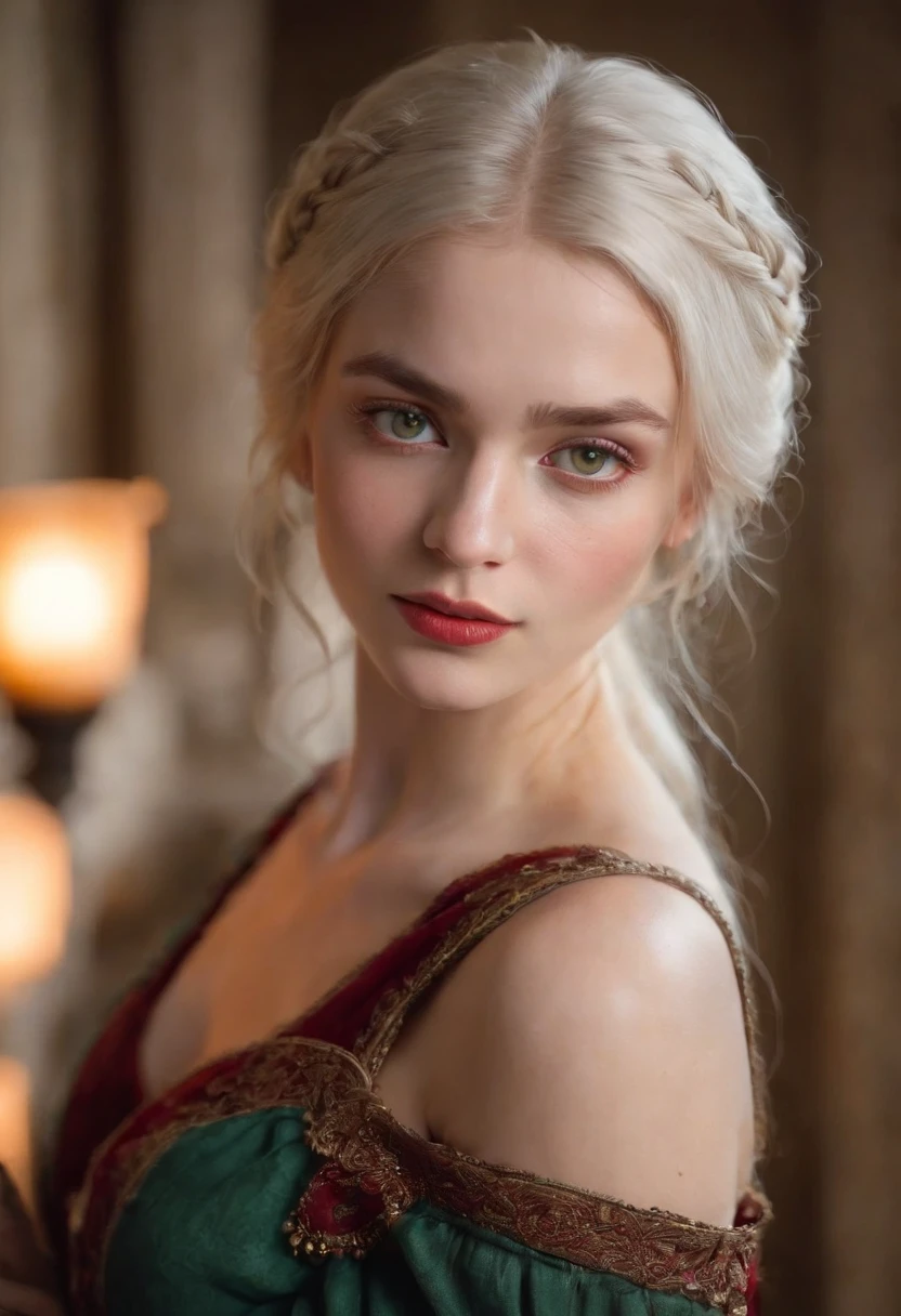 (((a deep reddish wound crosses her left cheek))) fair complexion, woman around 19 years old, big breasts,natural white hair, distinctive green eyes, wearing kohl, slender and graceful, beautiful, candlelight in a medieval setting, ultra sharp focus, realistic shot, medieval female clothes, tetradic colors (scar:1.4)