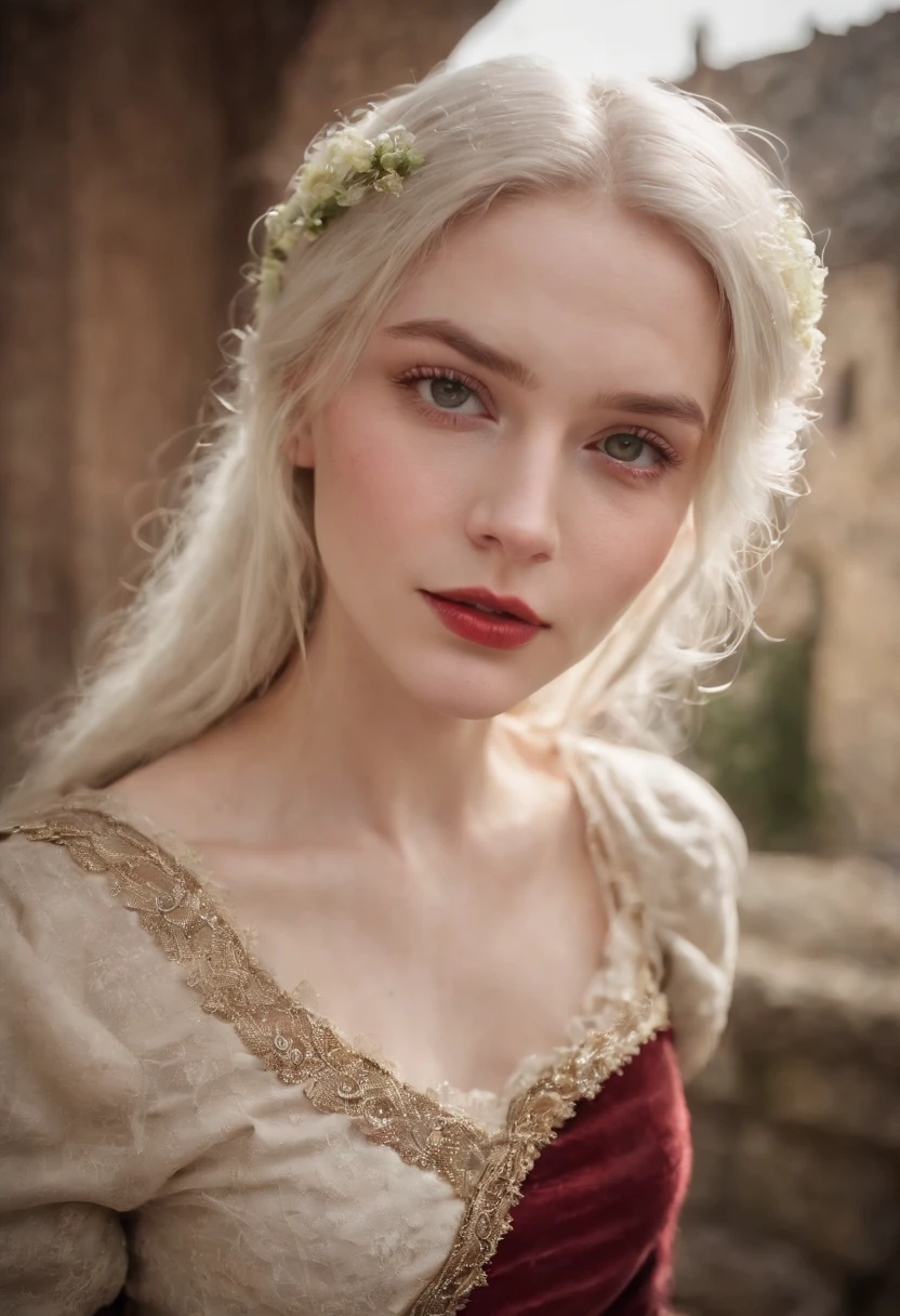 (((a deep reddish wound crosses her left cheek))) fair complexion, woman around 19 years old, big breasts,natural white hair, distinctive green eyes, wearing kohl, slender and graceful, beautiful, candlelight in a medieval setting, ultra sharp focus, realistic shot, medieval female clothes, tetradic colors (scar:1.4)