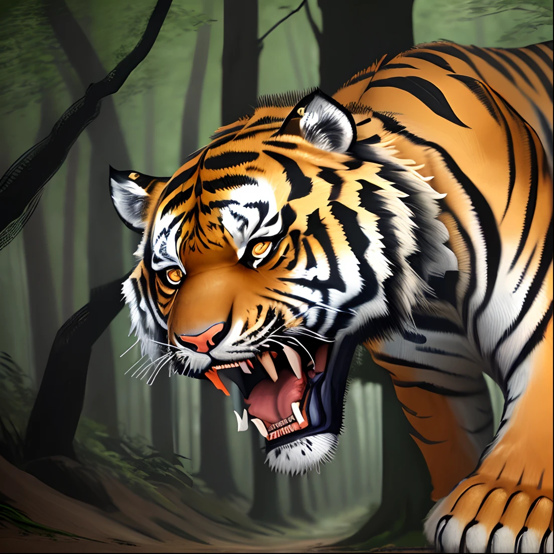a tiger walking in the woods with its mouth open, ((tiger)), tiger_beast, a tiger, strong and ferocious, hunting a tiger, fierce expression 4k, tiger, tigers, intimidating stare, prowling through the forest, ferocious appearance, aggressive look, tiger face, mouth open in a terrifying roar, highly realistic photo