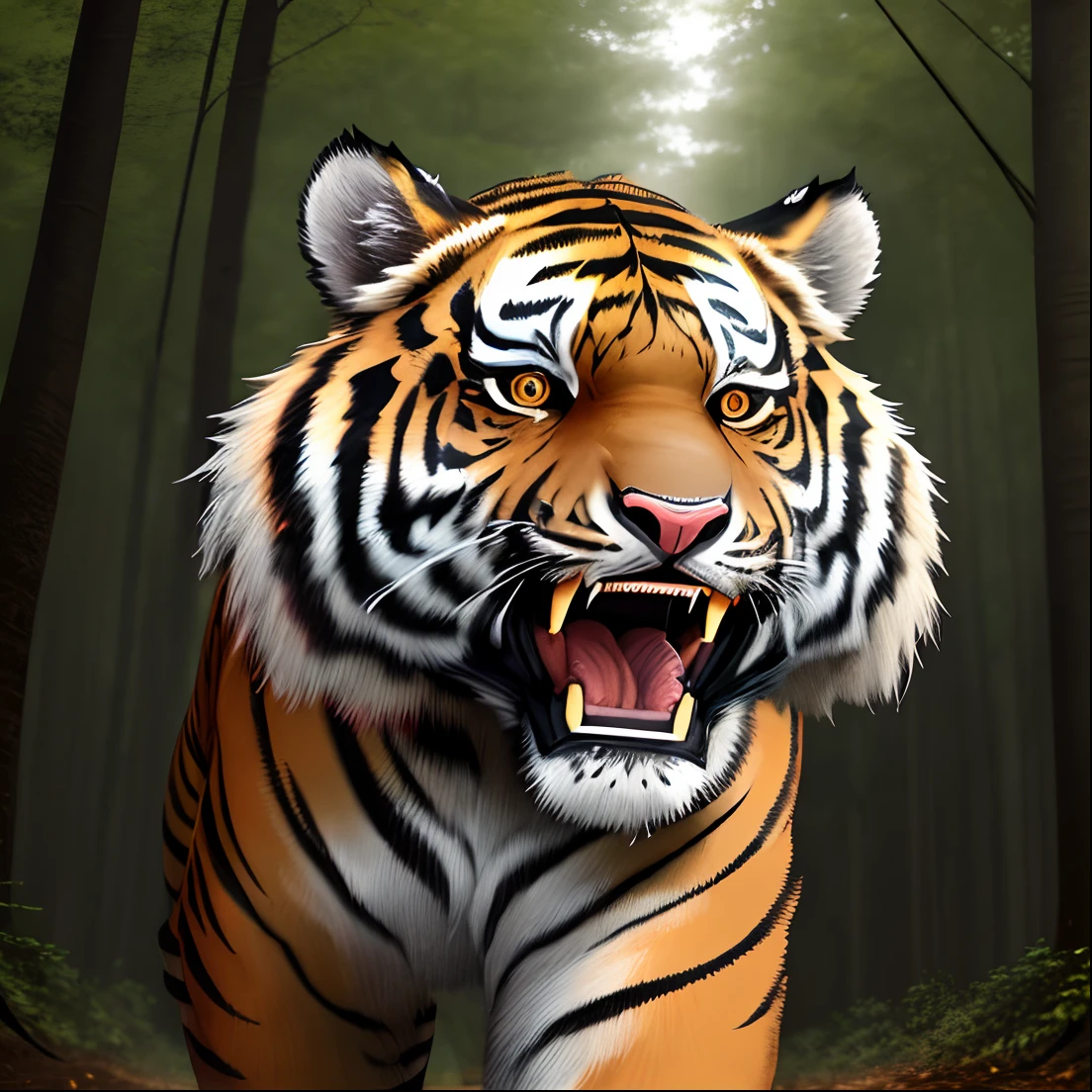 a tiger walking in the woods with its mouth open, ((tiger)), tiger_beast, a tiger, strong and ferocious, hunting a tiger, fierce expression 4k, tiger, tigers, intimidating stare, prowling through the forest, ferocious appearance, aggressive look, tiger face, mouth open in a terrifying roar, highly realistic photo