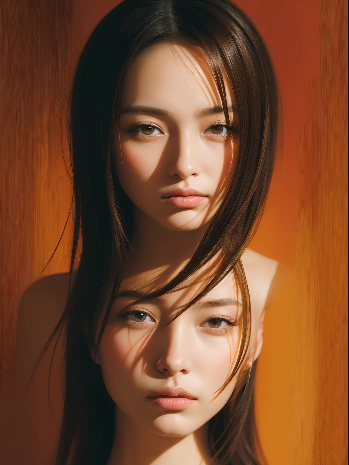 Portrait of a pretty Japan woman, 18year old、Encoasting, Painting , brushstrokes, Warm colors , Dave McKean - v 5.2 - Raw Style