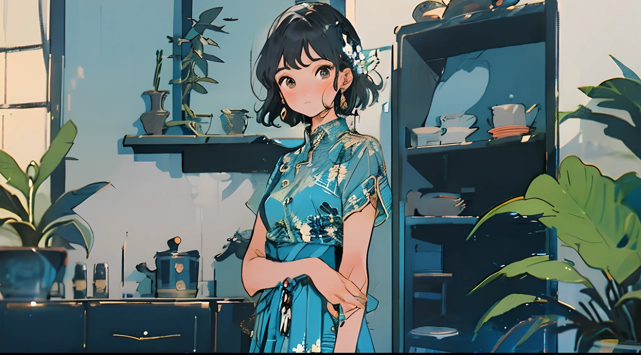 1girl, plant, solo, jewelry, earrings, potted plant, black hair, dress, looking at viewer, short sleeves, bangs, blush, brown eyes, floral print, indoors, bracelet, standing, shelf, short hair, hair ornament, print dress, nail polish, blue dress, medium hair, braid, chinese clothes, closed mouth