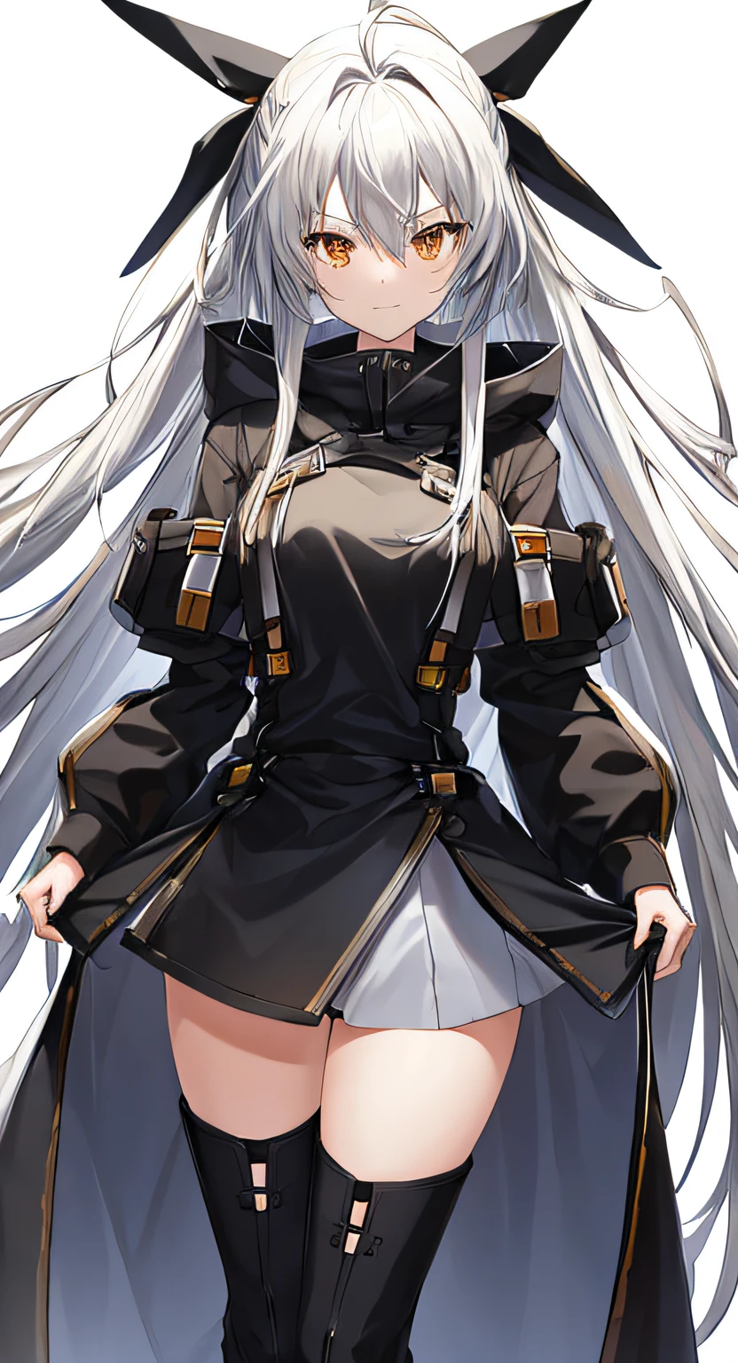 guilty gear, guilty gear, guilty gear, cowboy_shot, from_behind, sitting, girl,woman,female, young,20 years old, very long hair, flipped hair, white and silver hair, hair fluttering in the wind, ahoge, smug, beautiful and delicate golden eyes, medium_breasts, white skin, coat, hoodie, skirt, knee_boots, hood_down, thigh_gap, black Clothes, transparent_background, transparent_background, transparent_background, backlighting, absurdres, highres, very precise detailed,