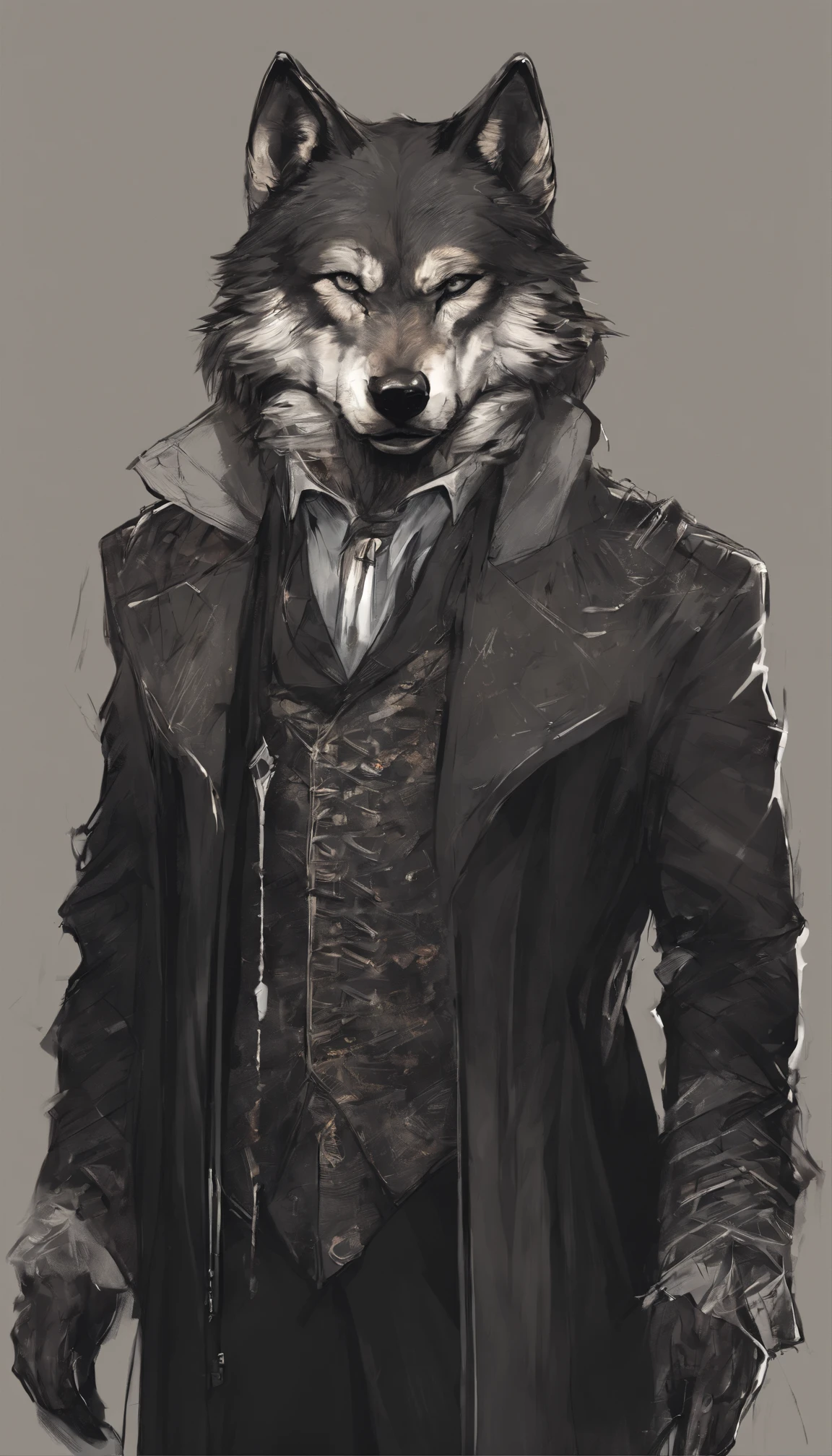 black hair wolf in costume. have a cigarette in your hand. Keep the collar of the costume closed