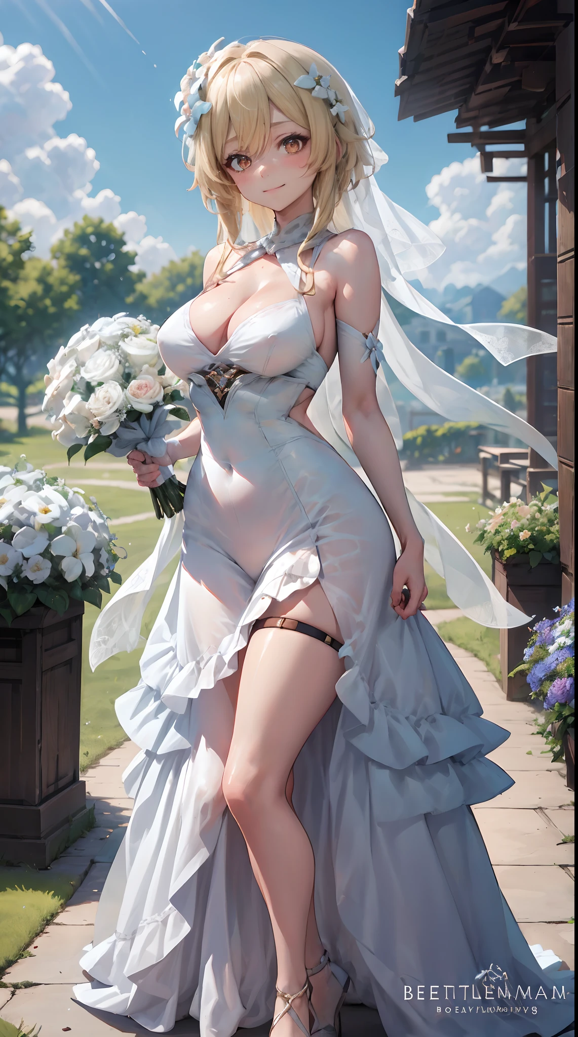Lumine | genshin impact, master-piece, bestquality, 1girls,25 years old, proportional body, proportional., Wedding Dresses, White Wedding Dress, Long skirt, wedding, mediuml breasts, ,bara, Standing in the middle of a flower garden, outdoor, wedding, The sky is beautiful, Both hands hold a bouquet of flowers..........., View viewers from the front., Thigh strap, Head tilt, bored, 10, 10, HD, slight smile,