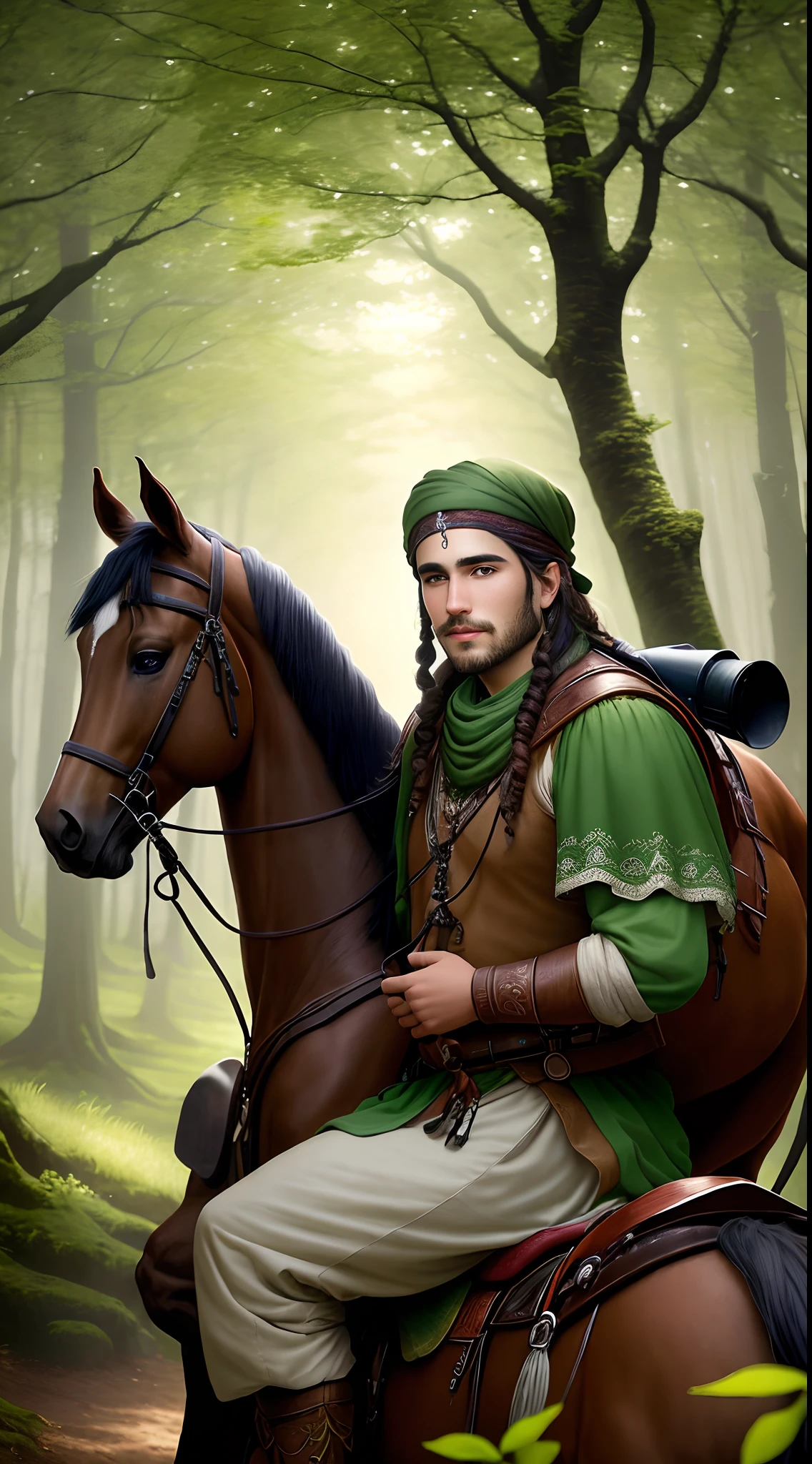 East gypsy man sitting on horseback in enchanted forest with small luminous green dots in the scenery
