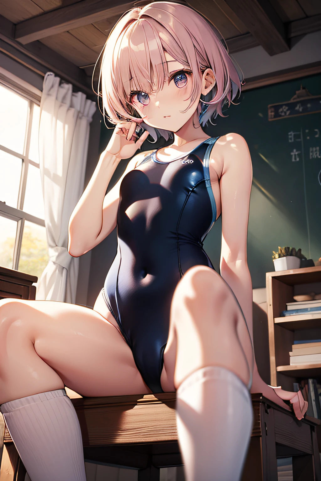 top-quality、Full limbs、complete fingers、Slender beauty、straight haired、Bery short hair、knee high、Pink School Swimsuit、Small eyes、frilld、Panchira