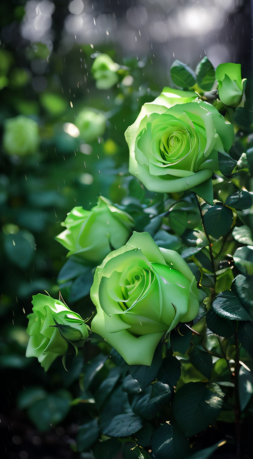 Many green roses grow in the garden, roses in cinematic light, glowing green, an elegant green, After the rain, green color, green and yellow in color, pale green backlit glow, It just rained, green tonalities, green color, pale green glow, after rainny, Shade of green, in gentle green dawn light
