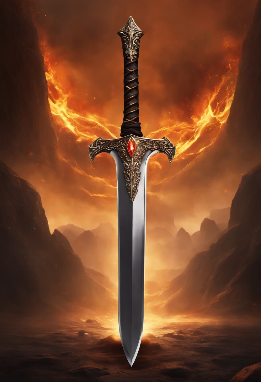 "A large sword made of metal, with a black and gold color scheme. The sword's blade contains raging flames, while the body of the sword reveals cracks as if it is about to burst. The sword is surrounded by swirling flames, with molten lava nearby. There are no characters, only the weapon and the environment."