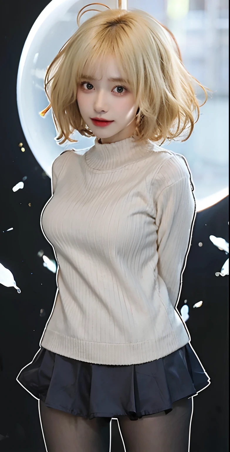 1girl, short hair, blonde hair, sweater, transparant, realistic, ultra detail, 8k, 70mm lens, big breast