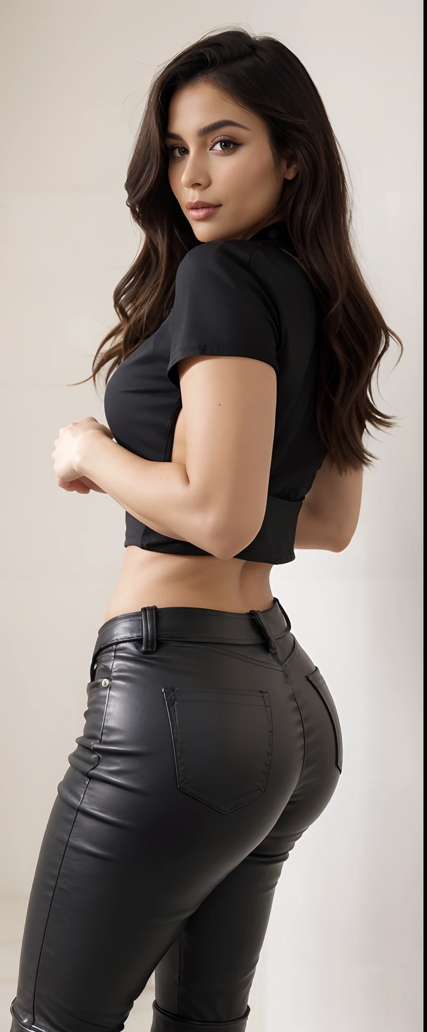 A closeup of a woman in black leather pants posing for a photo, roupa sexy, roupa muito sexy, roupa apertada, olhar sexy, couro, her hand is on her waist, usando roupas pretas apertadas, jeans preto extremamente apertado, usando roupas simples e apertadas, roupa reveladora, shorts pretos sexy, leather pants, tiro do meio cintura para cima, usando um top cropped sexy, corpo sexy