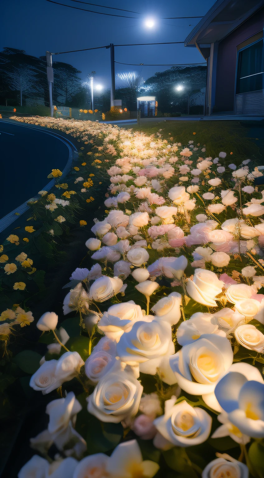 Flowers are lit on the roadside at night, Luminous flowers, Glowing flowers, soft bloom lighting, field of flowers at night, lights with bloom, light bloom, beautiful light up, Floating lights, Global illumination. vfx, roses in cinematic light, Soft volumetric lamp, author：Anna Fossley, photo realistic”, surreal waiizi flowers