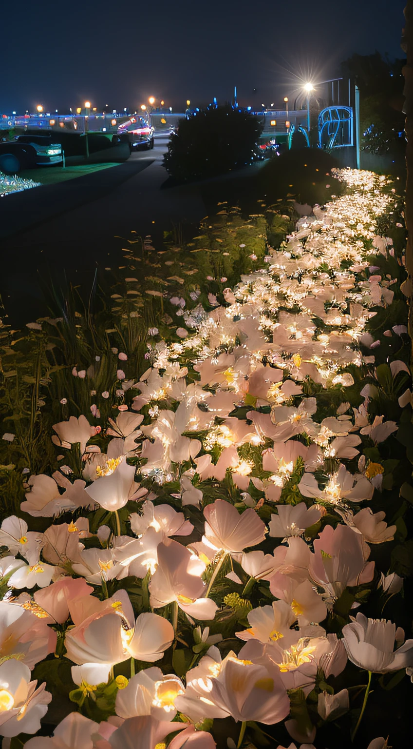 Flowers were lit up on the path in the dark, field of flowers at night, lights with bloom, Glowing flowers, Luminous flowers, Flower beds on the floor, soft bloom lighting, light casting onto the ground, blossoming path to heaven, light bloom, lamps on ground, Floating lights, beautiful light up, Soft outdoor lighting, uniform lighting, Bruce Munro
