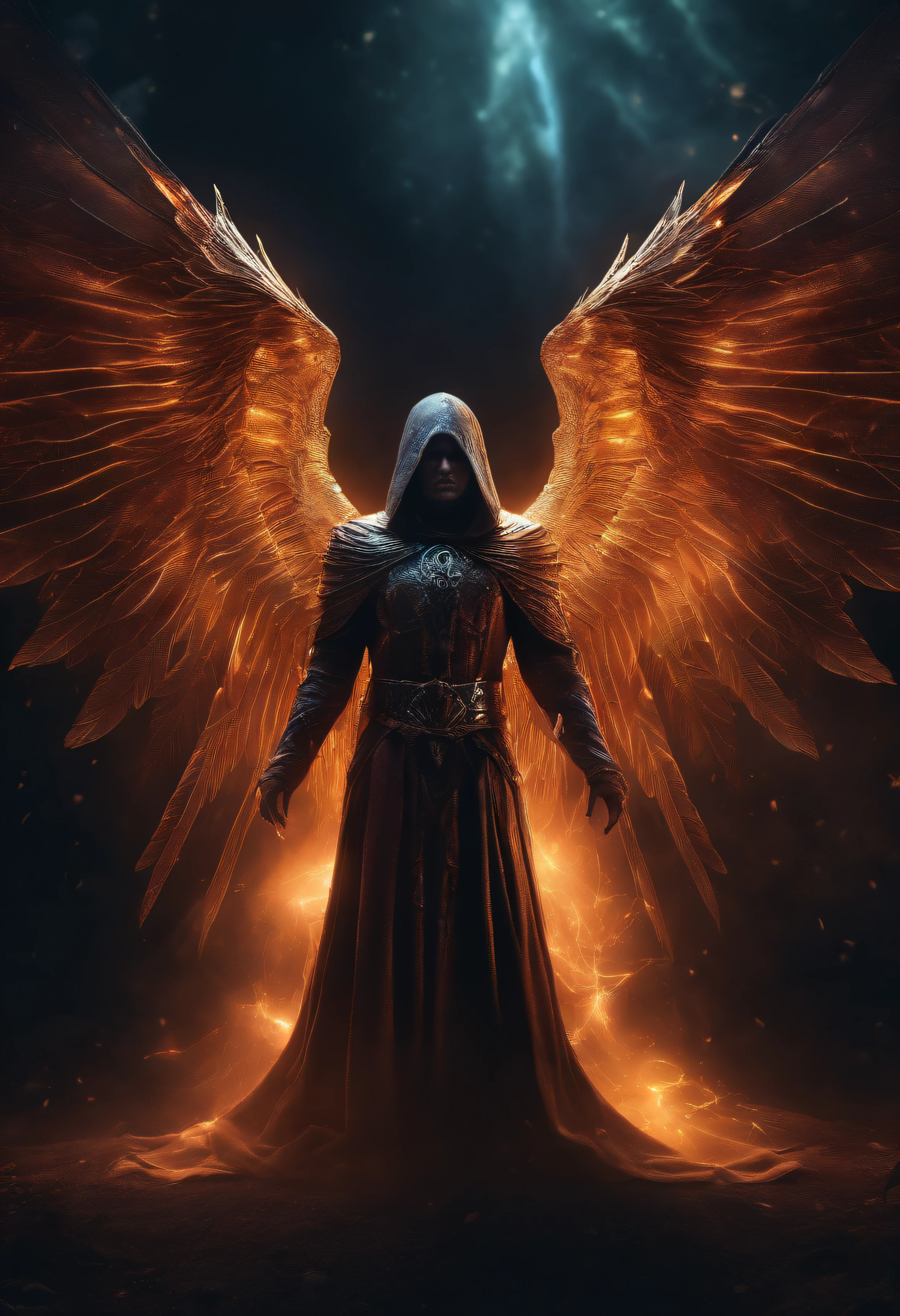 Cosmic Fallen Angel, glowing light eyes, Biomechanical, eerie, Creepy, nightmarish, Very bright colors, Light particles, with light glowing, Mshiff, wallpaper art, UHD wallpaper, anakil skywalker, 15 years, medieval clothes