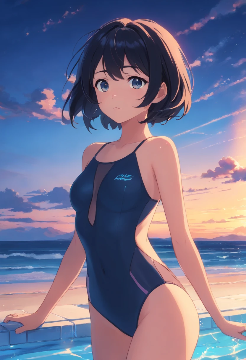 Black Hair Bob　Black swimsuit　blue-sky　Mare　evening glow　gravure