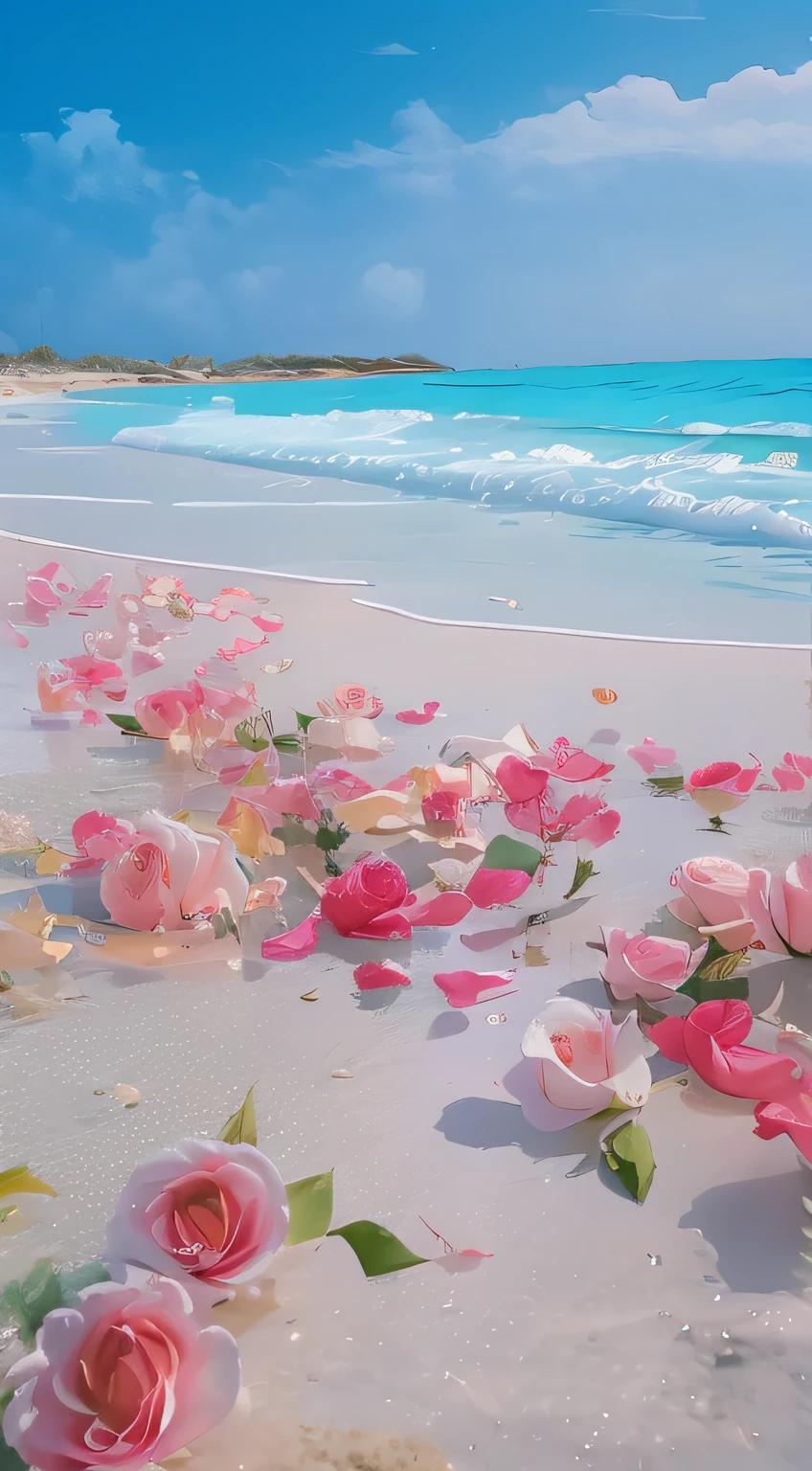 Roses are scattered on the beach on the beach，The background is a blue ocean, flowers sea everywhere, rosses, Beautiful and aesthetic, beautiful iphone wallpaper, beach aesthetic, Beautiful beach, sand and sea, flowers sea rainning everywhere, beatiful background, breath-taking beautiful beach, shades of pink and blue, Beautiful wallpaper, Beautiful ocean, pink and blue color