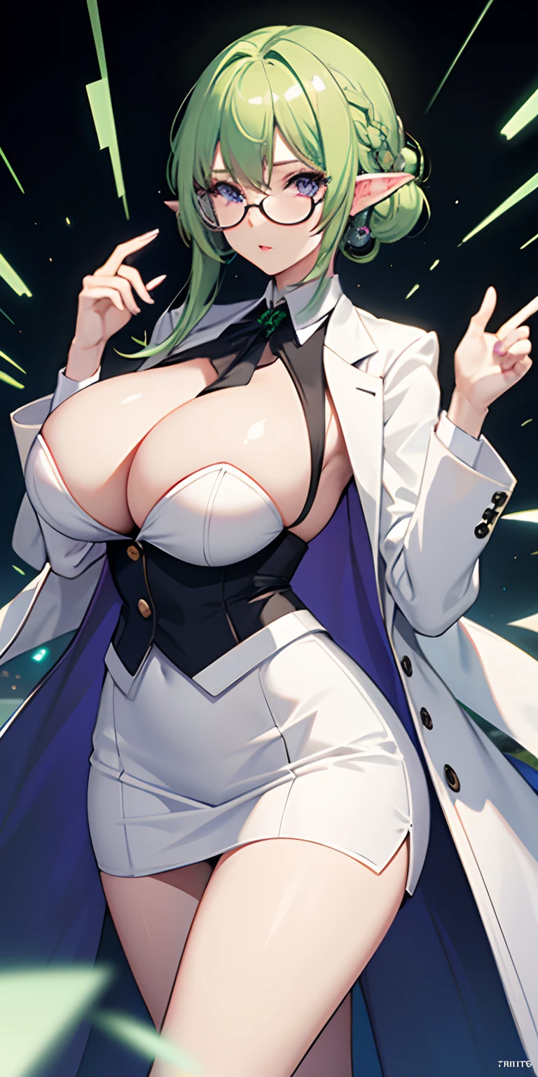 1women, solo, huge tits, closed clothes, elf, blonde green hair, violet eyes, cool face, round glasses, white coat, black short skirt, white business suit, nectie, at laboratorium, half body,