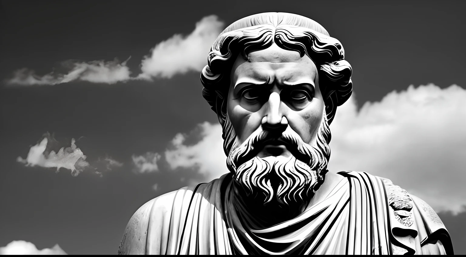 universo de fundo, a portrait statue of the stoic Marcus Aurelius in black and white 4K,Face de lado, super realistic photographic wallpaper 1920x1080, brilho ao redor da estatua.
