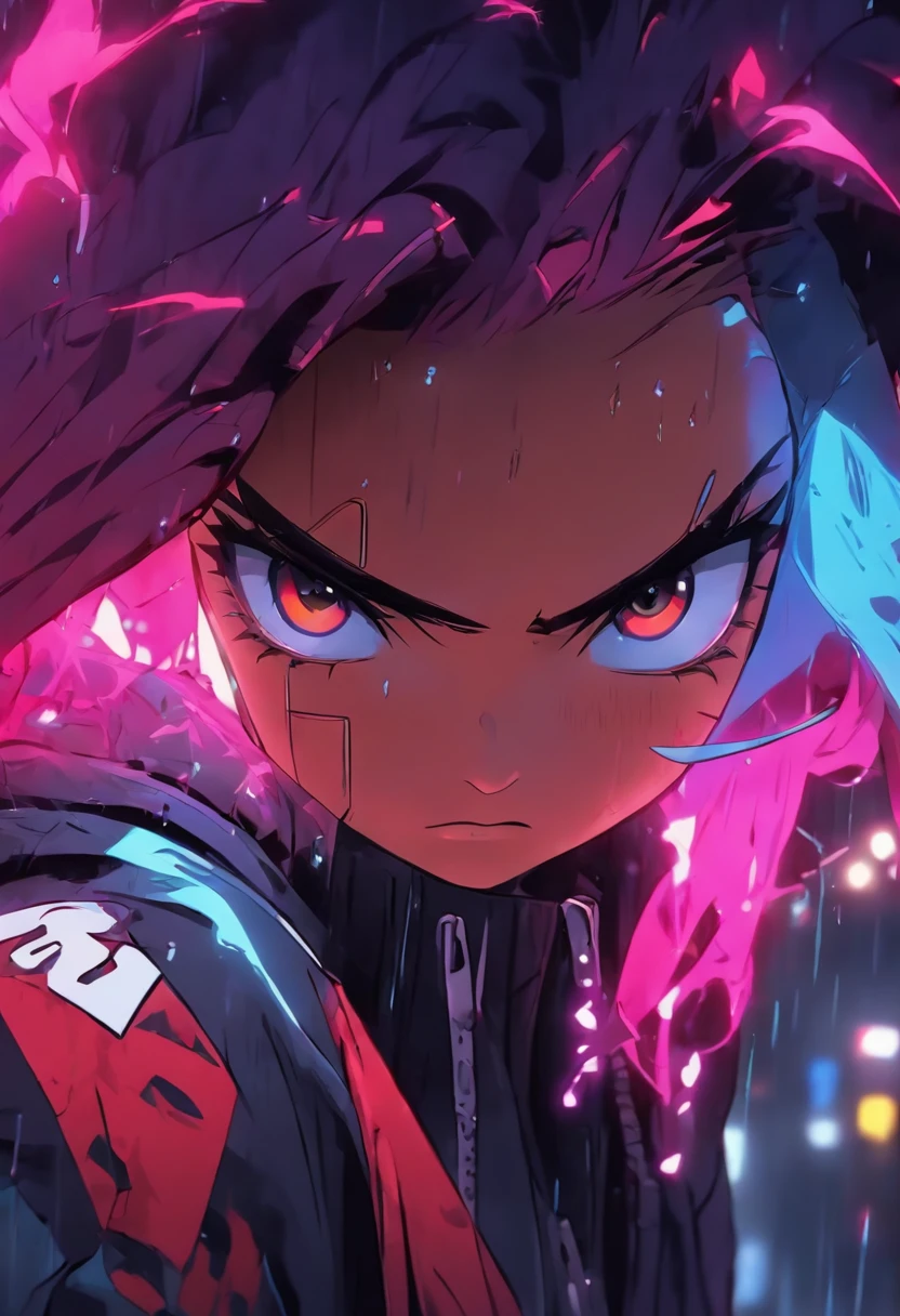 Close-up photo, confident young cyberpunk woman with colorful hair, wearing hoodie with red and blue design, on rain-soaked street at night, photorealistic, dark background, nighttime, bright shining eyes, angry face