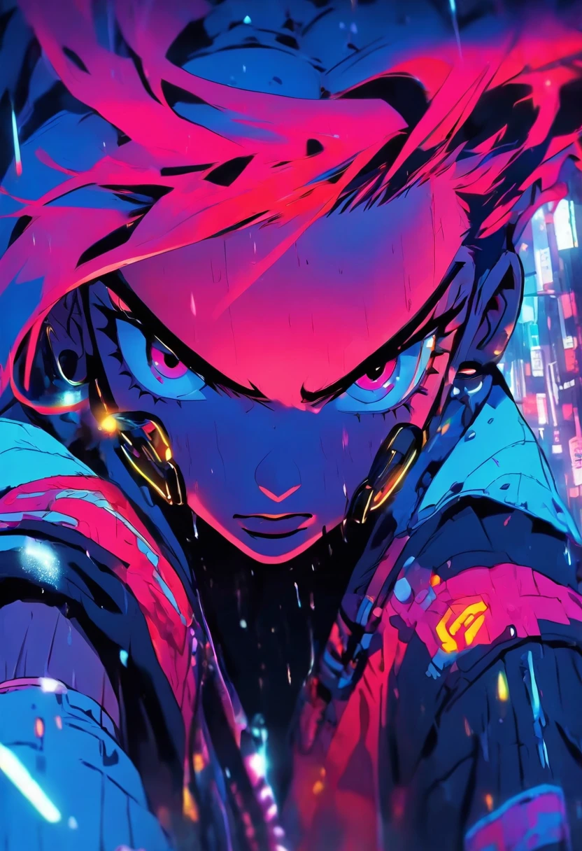 Close-up photo, confident young cyberpunk woman with colorful hair, wearing hoodie with red and blue design, on rain-soaked street at night, photorealistic, dark background, nighttime, bright shining eyes, angry face