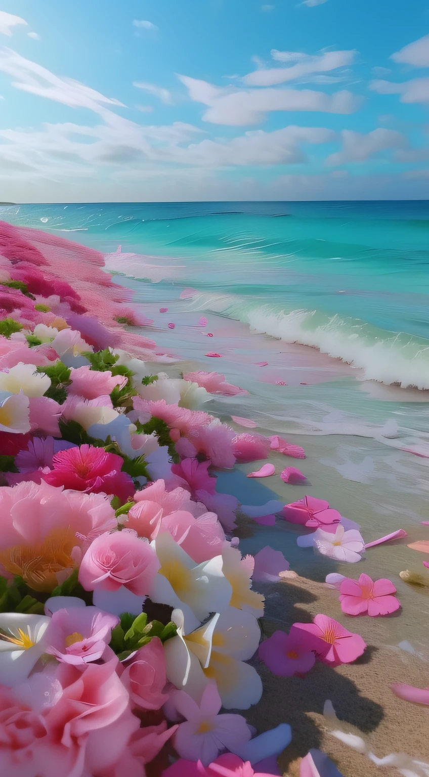 Flowers are scattered on the beach by the sea, flowers sea everywhere, very beautiful photograph of, Beautiful wallpaper, Beautiful nature, pink and blue color, flowers sea rainning everywhere, blue and pink, shades of pink and blue, breath-taking beautiful beach, beautiful sea landscapes, beatiful background, Really beautiful nature, Beautiful and aesthetic, beautiful dreamy breathtaking