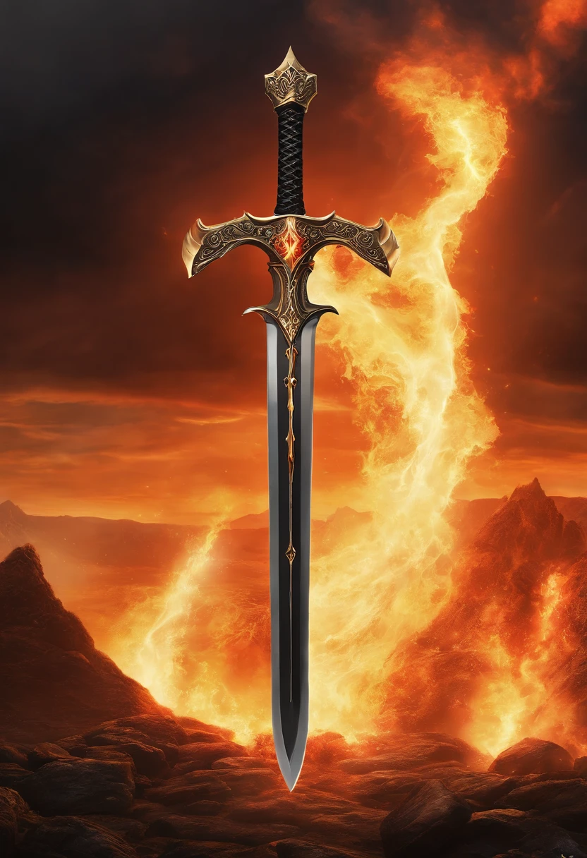 "A large sword made of metal, Available in a black and gold color scheme. The blade contains a roaring flame, And the sword body revealed cracks,As if to burst. The sword was surrounded by swirling flames, Lava nearby. There are no characters, Only weapons and the environment."