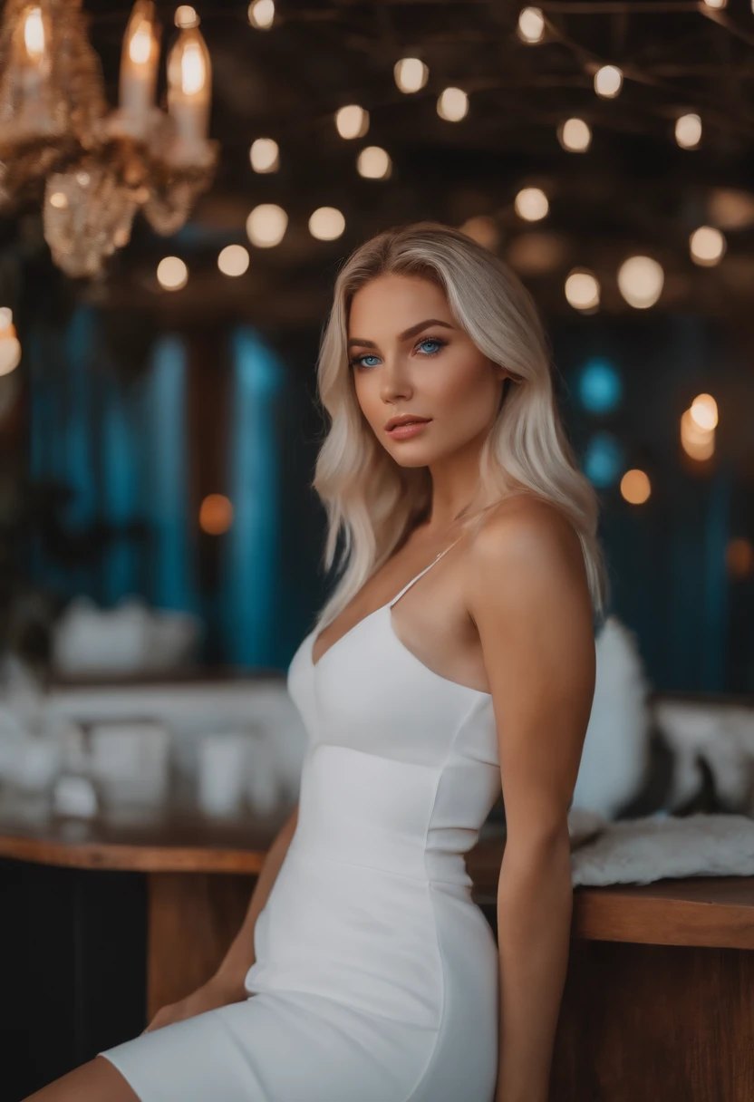 realistic white female instagram influencer, best quality, blonde, 1 girl, blue eyes, in white tight short dress, in club