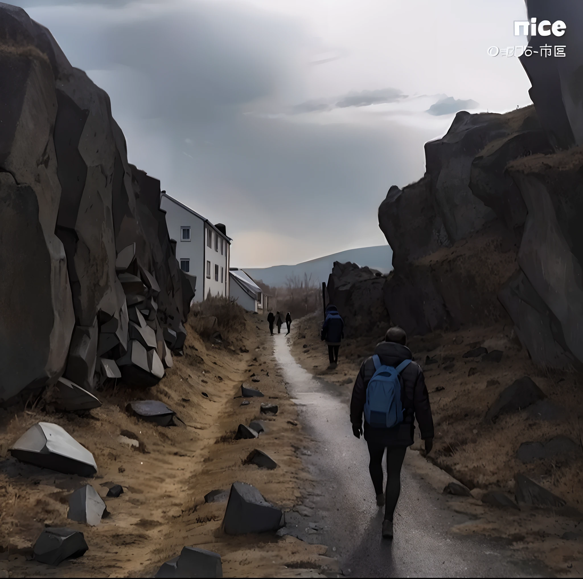 There was a man walking on a path between two large rocks, There are jagged rocks and creepy, There are jagged rocks & eerie, Jagged stones, iceland photography, sci-fi of iceland landscape, There are a lot of dark gray rocks, iceland, icy road on a planet of lava, Reykjavik, in volcano, natural stone road, Mountain, Remote Icelandic village