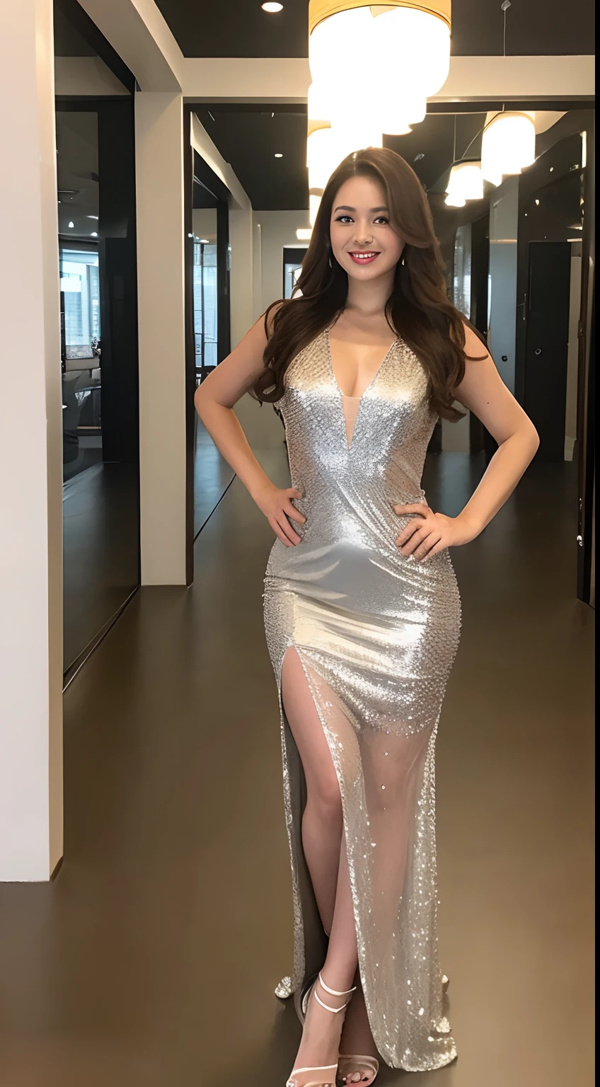 (best quality,8k,masterpiece:1.3),curious girl,smiling,full body shot,chubby face,beautiful lady,dark brown hair,floor-length dress:1.1,extremely detailed face,detailed eyes,eyebrows,blurred background,slightly plump figure,suburban area,office,slightly hunched posture,mid-30s build,sheer dress from neck to chest,side slit long dress,slightly flashy dress