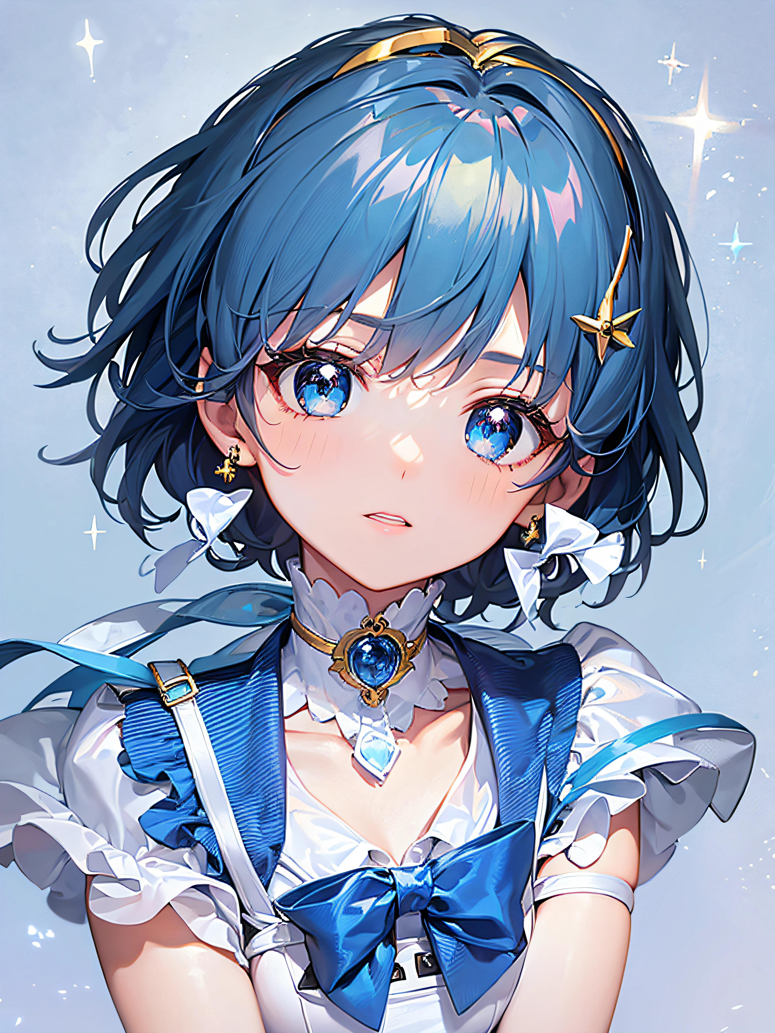 best quality,masterpiece,reality:0.8,1girl ,moonlight,under the moon,at night,rich background,((Ami Mizuno)),(Sailor Mercury,)Sailor suit, magical girl,dark blue hair, blue pupils, White pure blue skirt, blue collar with white stripes, light blue bows on the chest and back skirt, pure blue round stones on the chest bow, white three-ringed shoulder harness, white V-shaped waist harness, white three-ringed gloves with blue trim, blue white-trimmed boots with half-heels, gold V-shaped stripes with oval sapphires, three light blue gemstone studs for the left ear and one for the right ear, and a collar with a pure blue sash