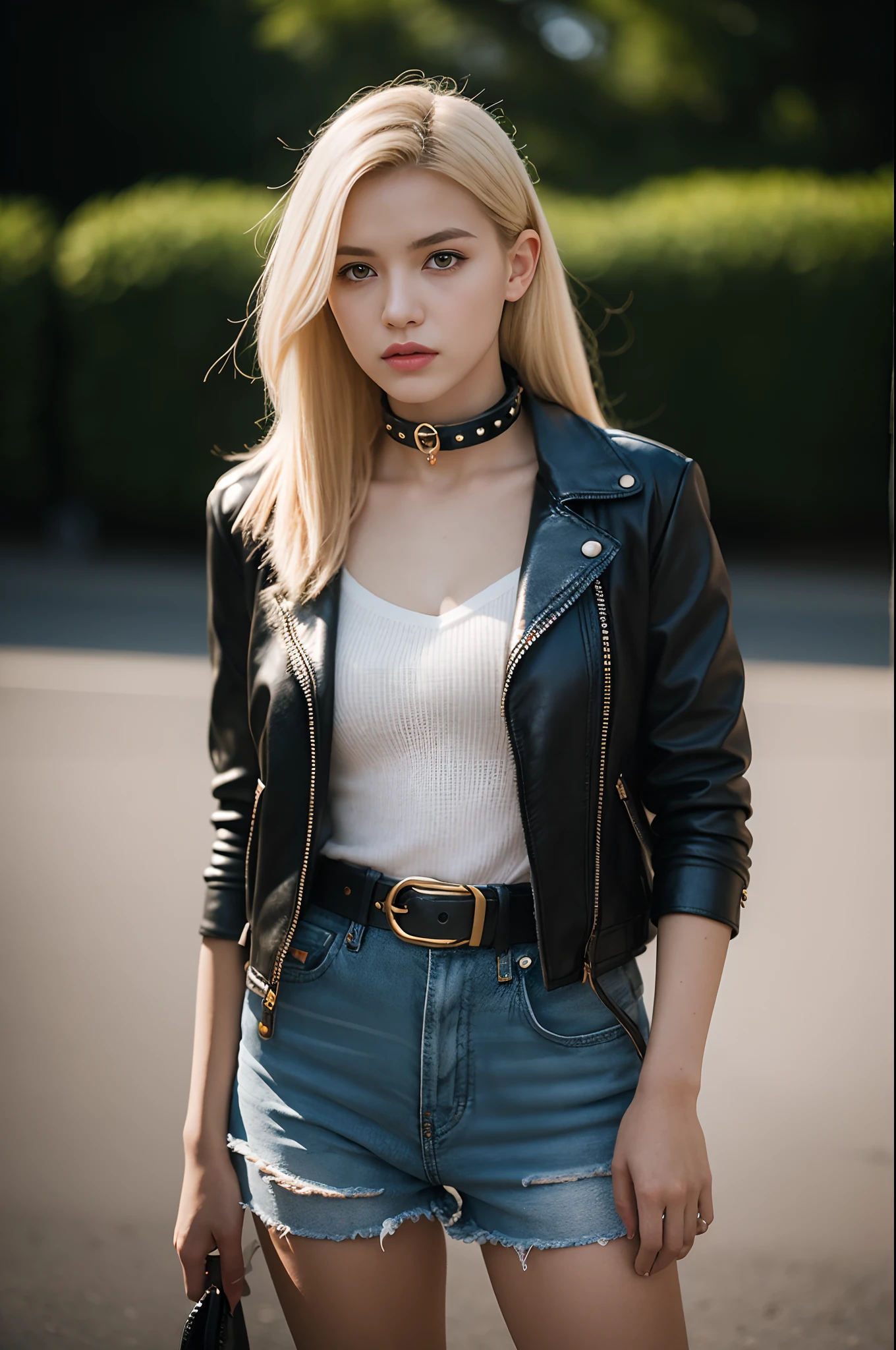 Portrait of a blonde girl. 20 years old, photograph, wearing steel collar, Wear leather shorts, wearing a black leather jacket, Wearing boots, studded belt, Highly detailed face, depth of fields, moody light, the golden hour, Dan Winters' style, Russell James, Steve McCurry, Centered, Extremely detailed, Nikon D850, awardwinning photo