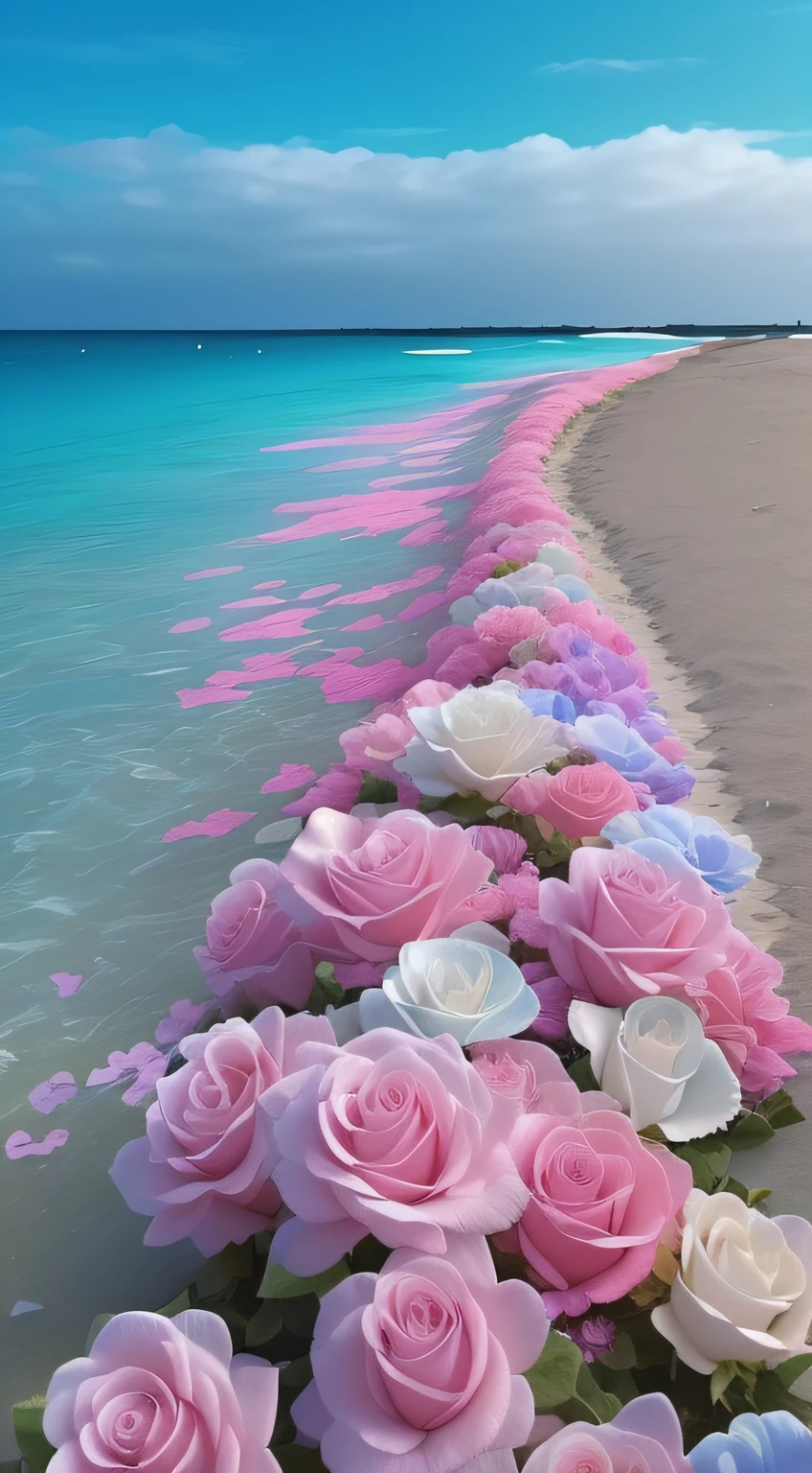Flowers line the beach，Put it on the beach, flowers sea everywhere, shades of pink and blue, pink and blue color, beautiful iphone wallpaper, blue and pink, pastel overflow, Beautiful and aesthetic, beautiful dreamy breathtaking, very beautiful photograph of, Beautiful wallpaper, flowers sea rainning everywhere, beach aesthetic, breath-taking beautiful beach, rosses