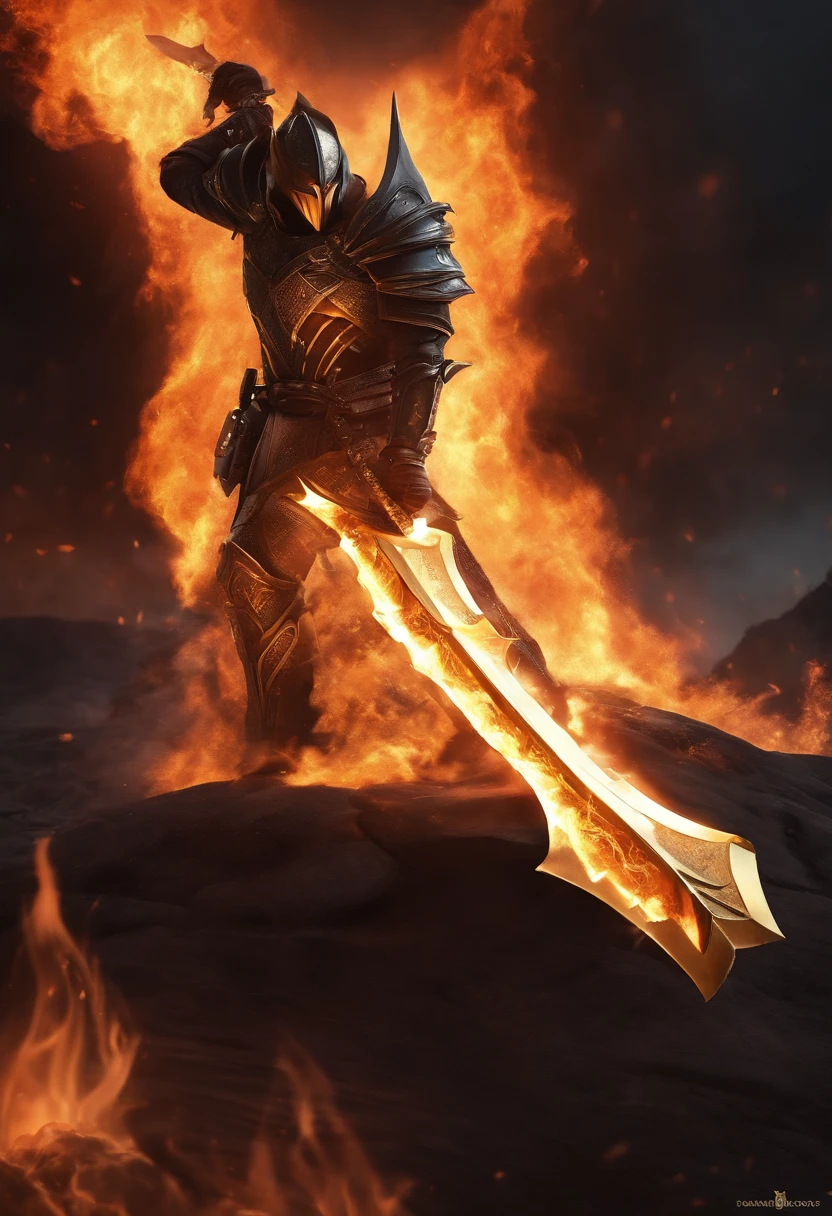 A large sword made of obsidian,Black and gold color scheme,The inside of the sword contains a roaring flame,Cracks appeared on the body, as if to tear the sword body apart,The sword body is full of flames,Magma rolling nearby,There is no human type,Only weapons, as well as the environment,Add more fantasy colors,More magical,Highlight flame with magma。
