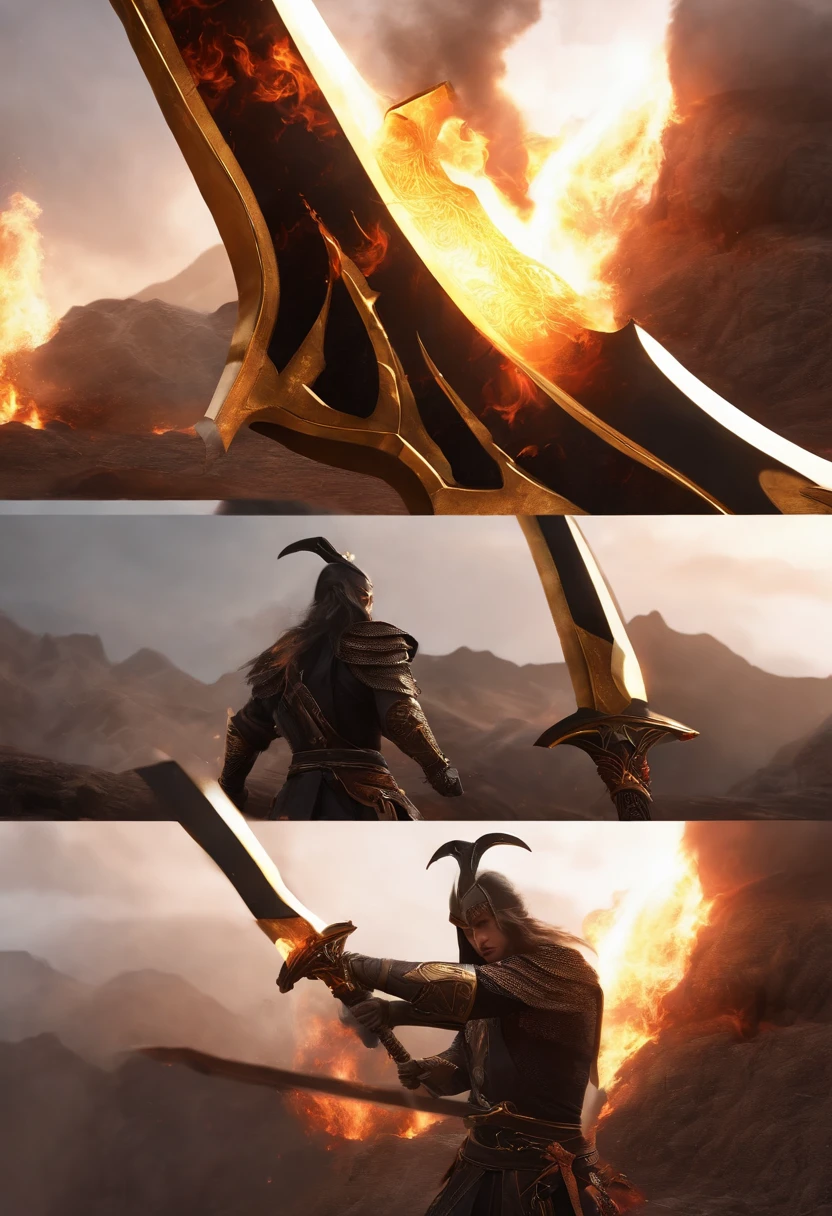 A large sword made of obsidian，Black and gold color scheme，The inside of the sword contains a roaring flame，Cracks appeared on the body, as if to tear the sword body apart，The sword body is full of flames，Magma rolling nearby，There is no human type，Only weapons, as well as the environment，Add more fantasy colors，More magical，Highlight flame with magma。