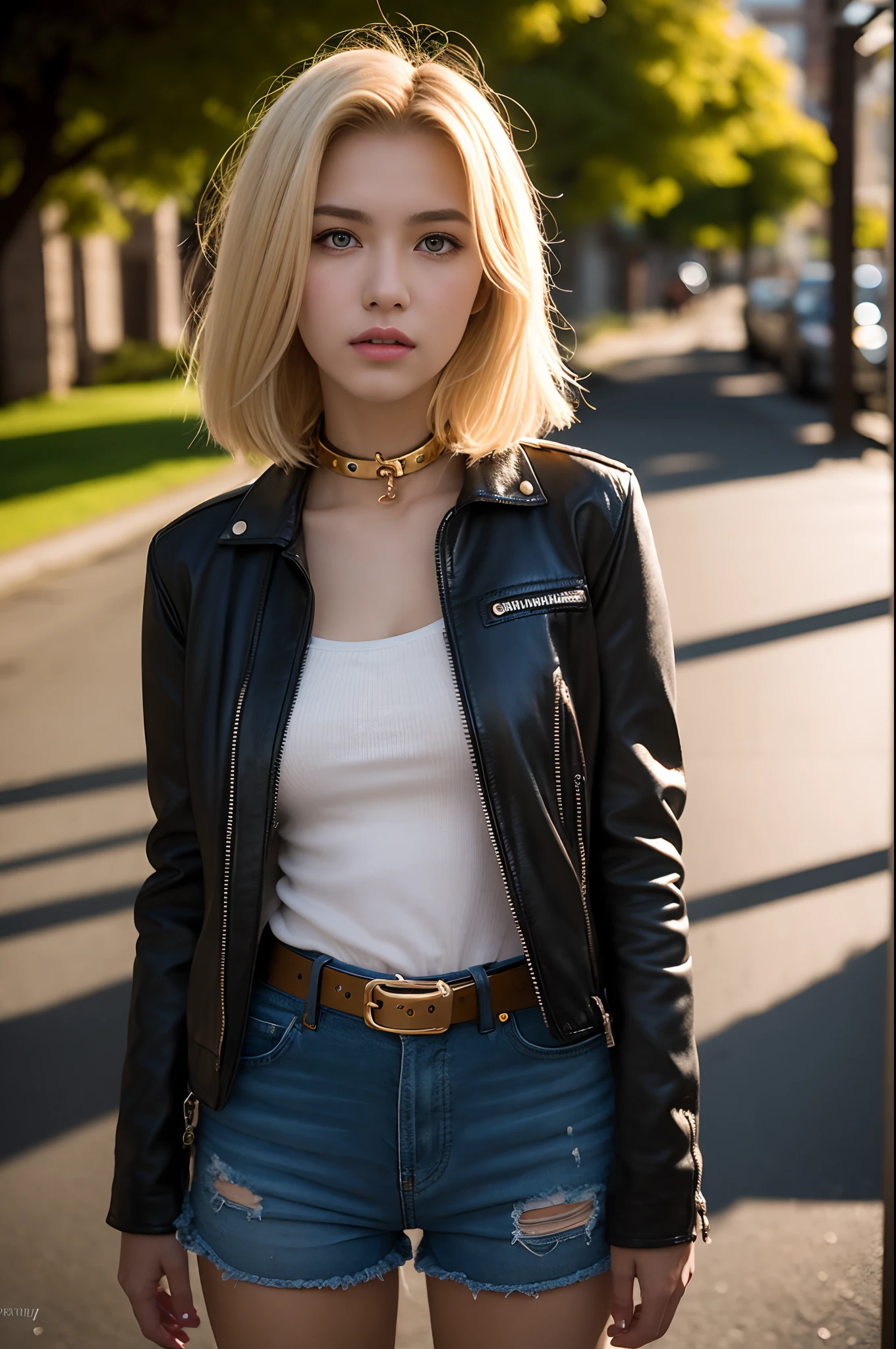 Portrait of a blonde girl. 20 years old, photograph, wearing steel collar, Wear leather shorts, wearing a black leather jacket, Wearing boots, studded belt, Highly detailed face, depth of fields, moody light, the golden hour, Dan Winters' style, Russell James, Steve McCurry, Centered, Extremely detailed, Nikon D850, awardwinning photo