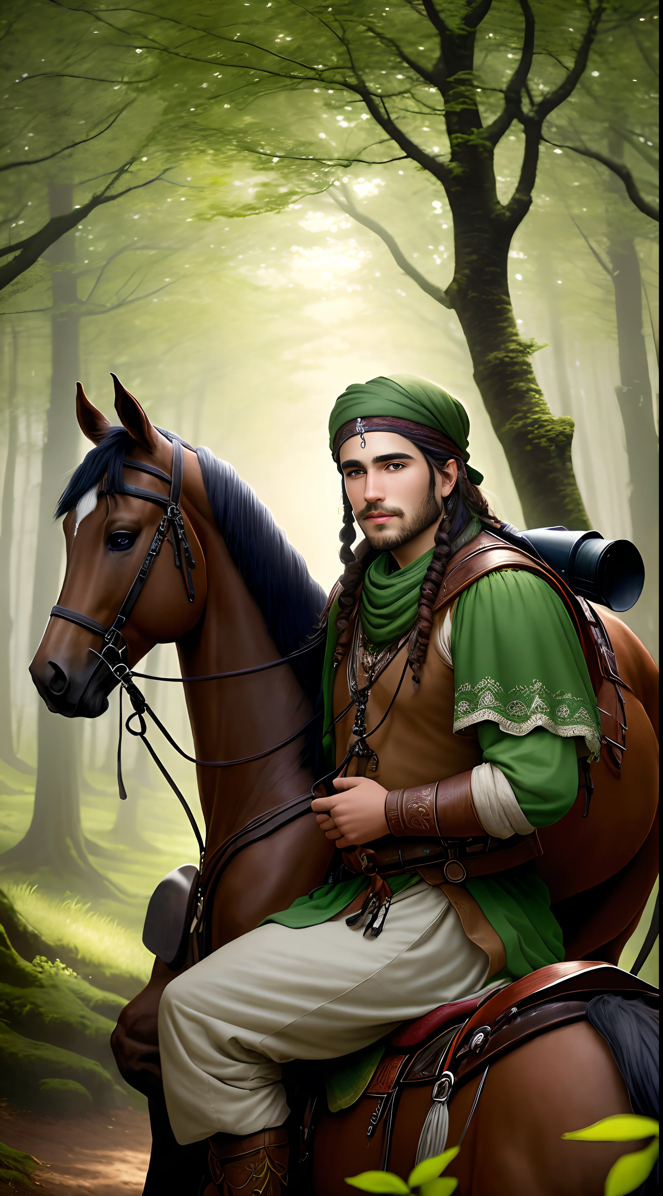 East gypsy man sitting on horseback in enchanted forest with small luminous green dots in the scenery